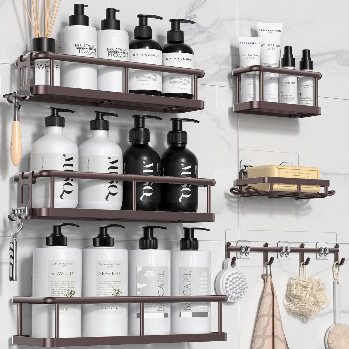 YASONIC Shower Caddy, 100% Rustproof Shelves for Inside Shower, No Drilling Bathroom Organizers and Storage, 6 Pack Large Capacity Bathroom Caddy for Kitchen & Home Decor