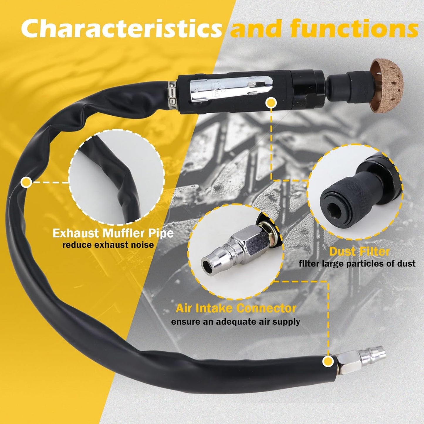 Air Tire Repair Kits, Wheel Polish Patch Tools, Includes 2500RPM Low Speed Air Tire Buffer, Tire Inner Liner Scrapper, Patch Roller, Tungsten Steel Buffing Wheel, and Precision Accessories