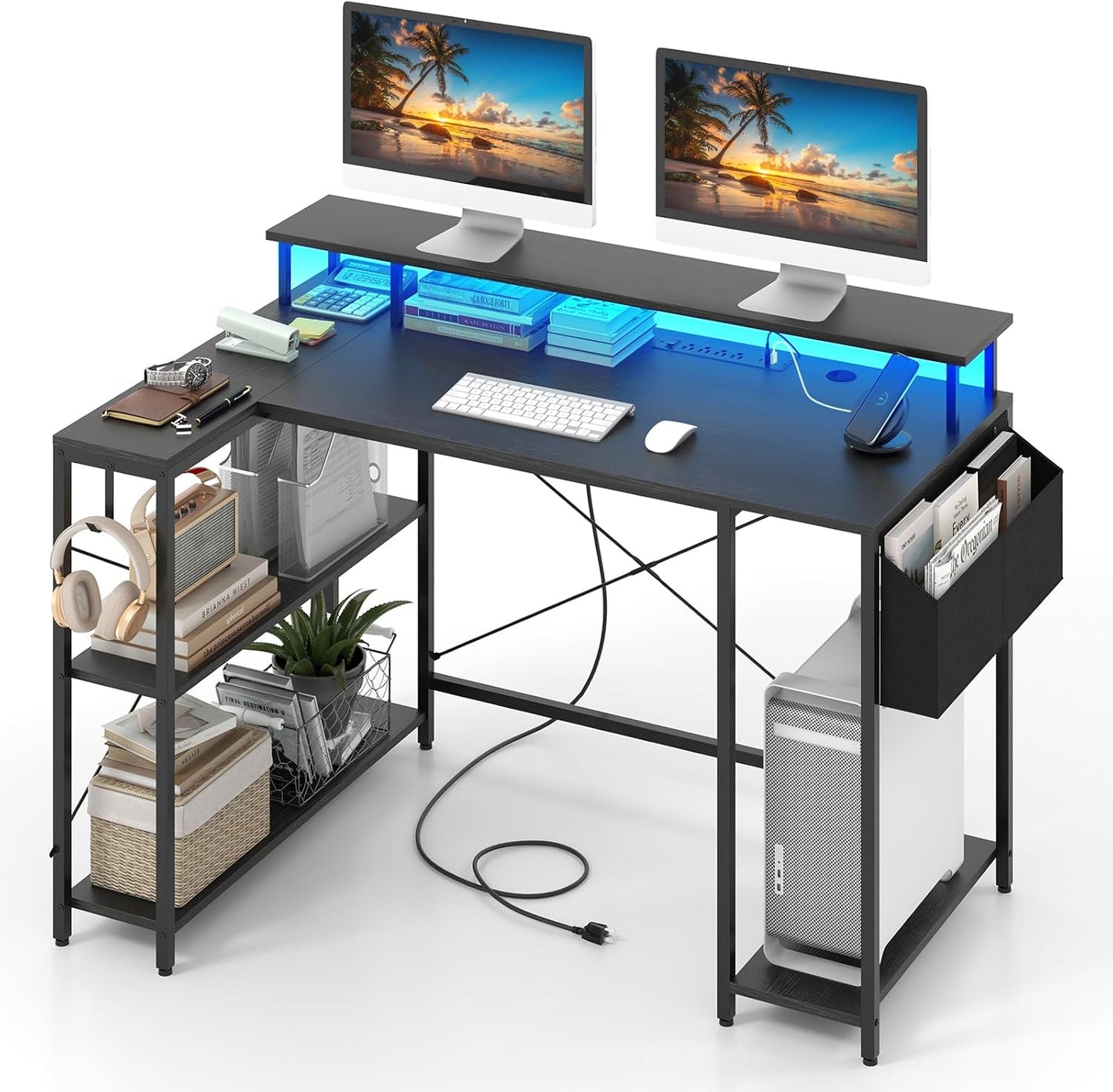 Tangkula L-Shaped Gaming Desk with LED Lights & Power Outlets, 48"/120 cm Computer Desk with Storage Shelves & Monitor Stand, Corner Gaming Desk with Metal Frame, Home Office Desk (Rustic Brown)