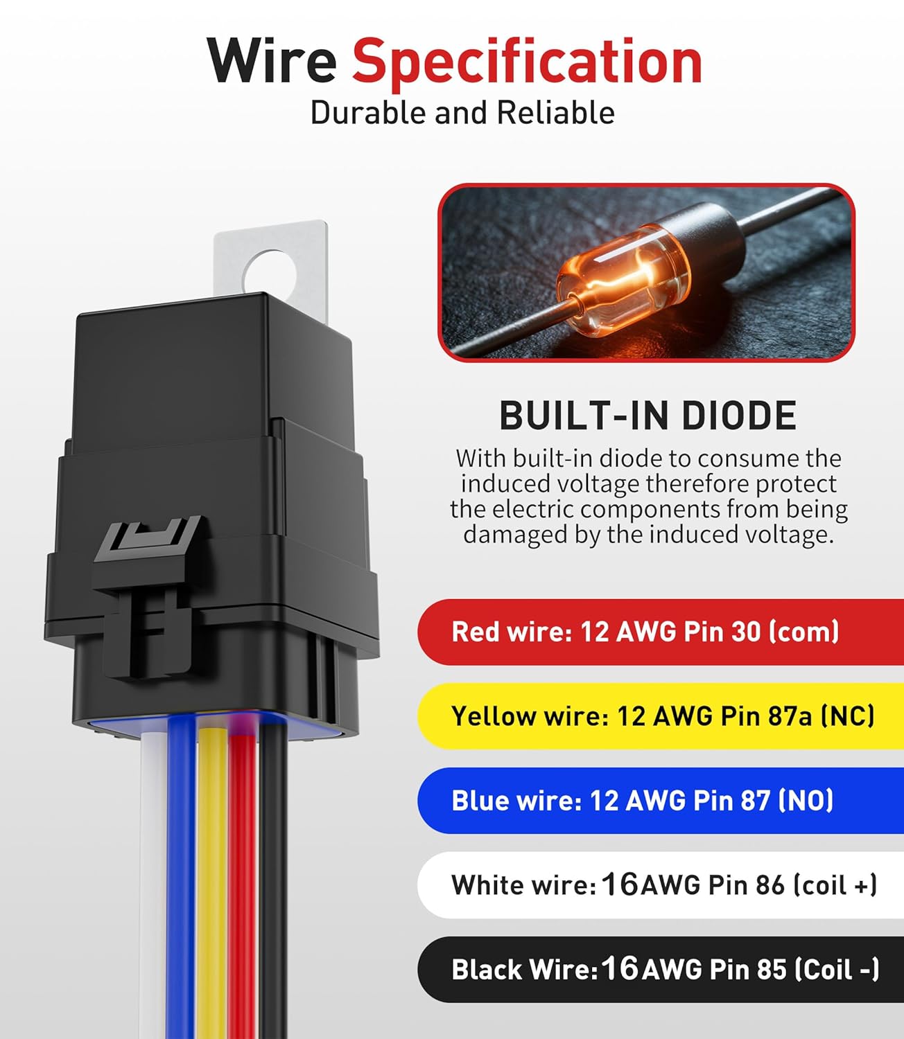 5 Pack 5-Pin Waterproof Relay Kit 40/30 AMP 12V Relay Switch with Harness Heavy Duty 12&16 AWG Tinned Copper Wires with 5x20A/30A/40A Inline Fuse SPDT for Automotive Car Marine Boat