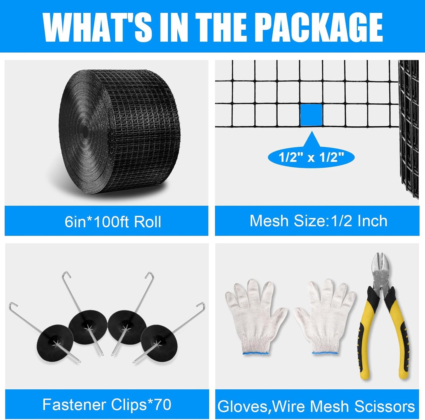 6in X 100ft Solar Panel Bird Guard - 1/2" Black PVC Mesh Galvanized Rust-Resistant Net, Critter Guard for Solar Panels with 70 Fastener Clips, Gloves, Cutting Pliers