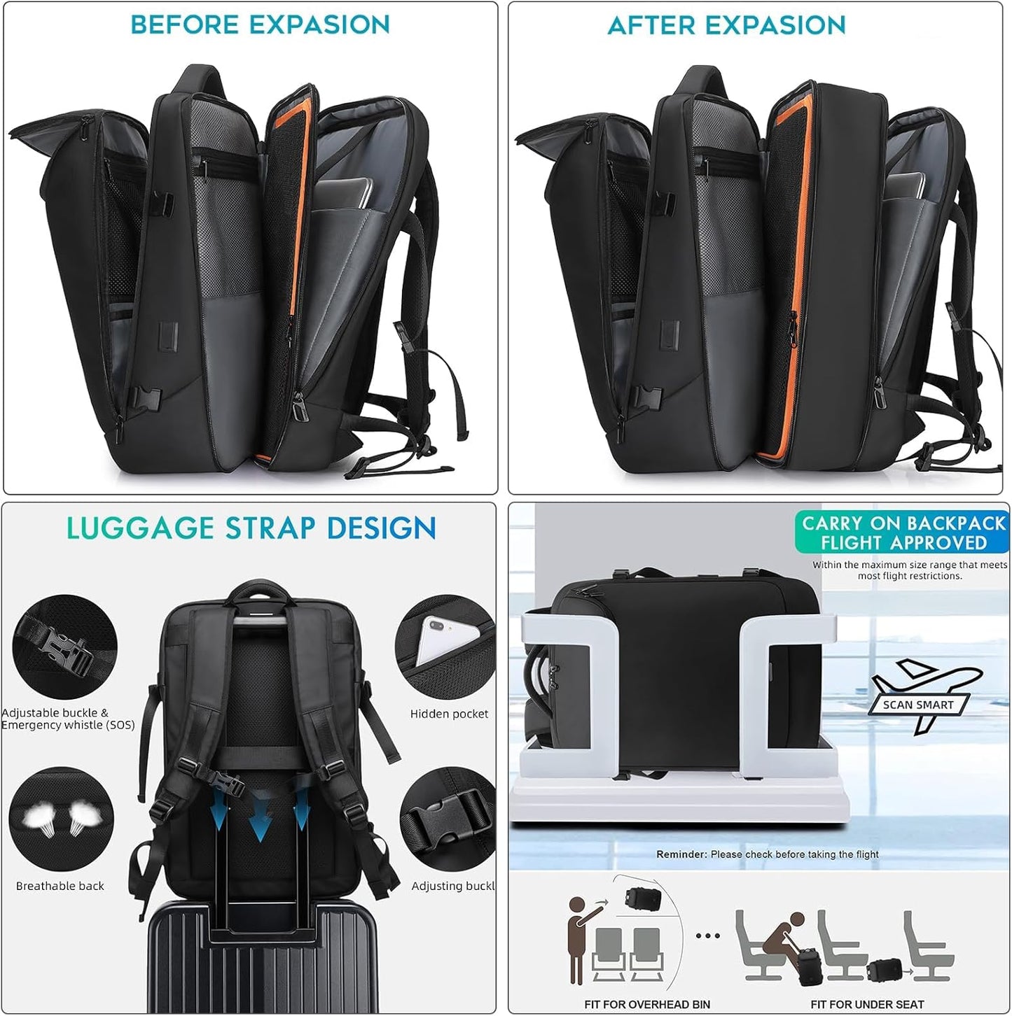 Travel Carry on Backpack 50L Expandable Flight Approved Backpacks 17.3 inch Laptop and USB Charging Port bags Water Resistant Business Back Pack for Women & Men