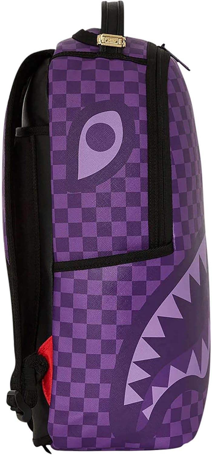 Sprayground Purple Shark Backpack, 18x6x11.5 Inches, Durable Water-Resistant Faux Leather, Laptop Compartment, Ergonomic Padding, Gold Hardware