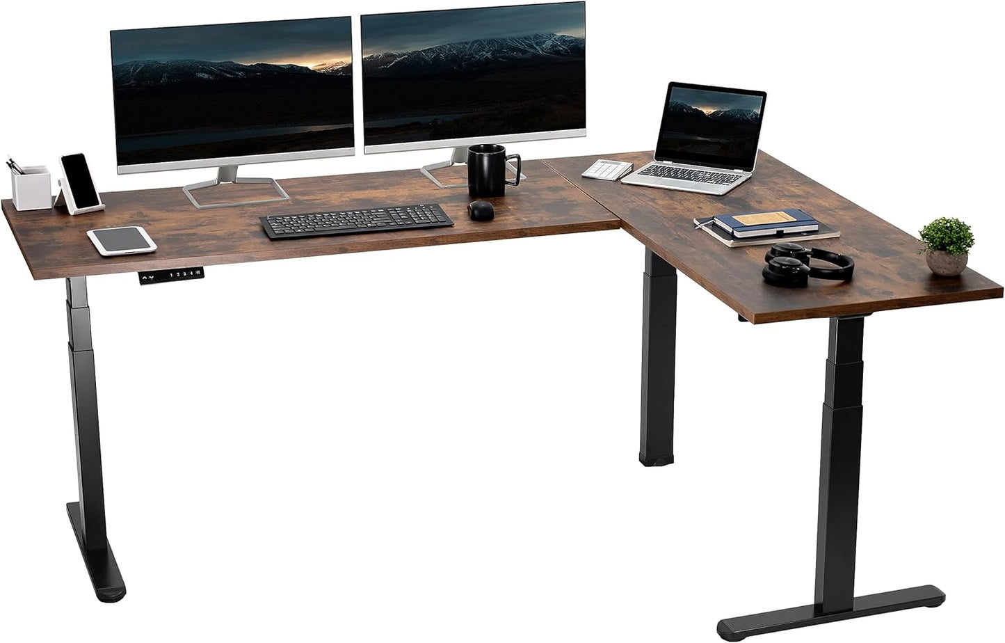 VIVO Electric Height Adjustable 83 x 60 inch Corner Stand Up Desk, 2 Light Wood Solid Table Tops, White Frame, Memory Controller, L-Shaped Workstation, 3E Series, DESK-KIT-3E8C