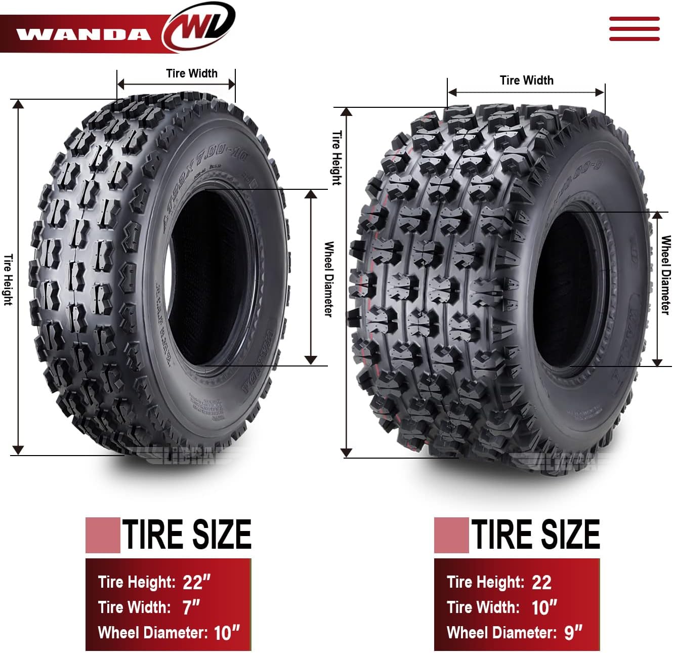 WANDA 4 Sport ATV tires 22x7-10 & 22x10-9 01-09 fit for Honda TRX 250EX 300EX GNCC Race