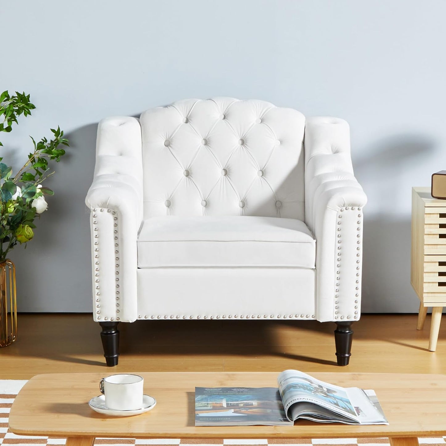 AVZEAR Modern Upholstered Accent Chair, Mid-Century Modern Armchair Single Sofa Chair, Tufted Lounge Reading Chair with Pillow for Living Room, Bedroom, Office (White)