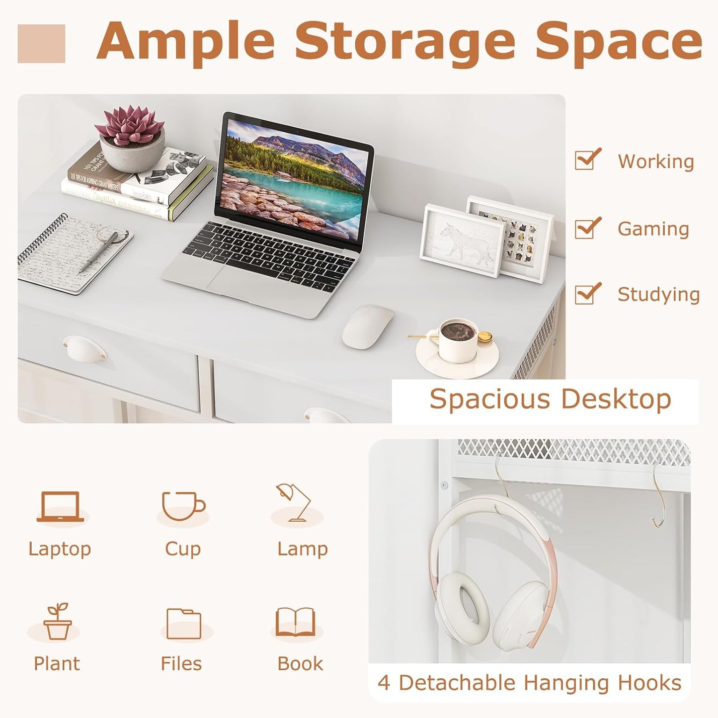 Tangkula Computer Desk with 2 Storage Drawers & 4 Hooks, Home Office Study Writing Desk with Metal Frame, Computer Workstation, Space Saving Laptop Desk for Bedroom Living Room (White)