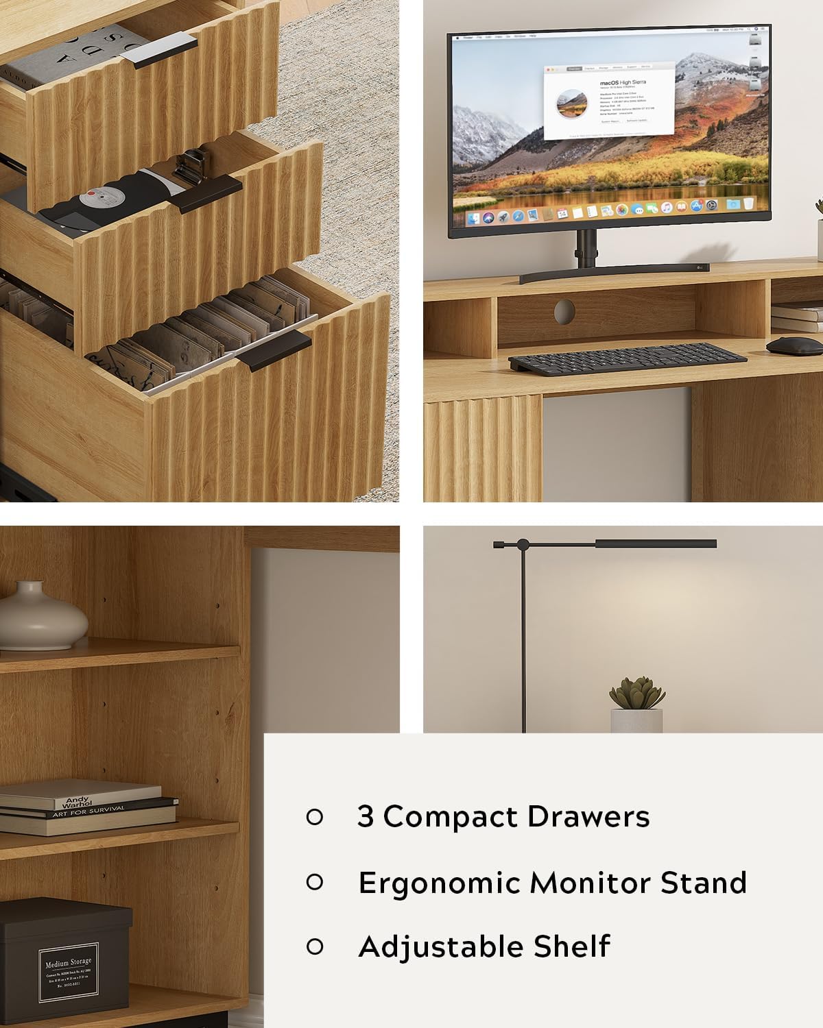 55'' Fluted Executive Desk with Drawers, Modern Home Office Computer Desk with Charging Station, File Drawer, Monitor Stand, Storage Shelf for Work Writing Study, Natural Oak