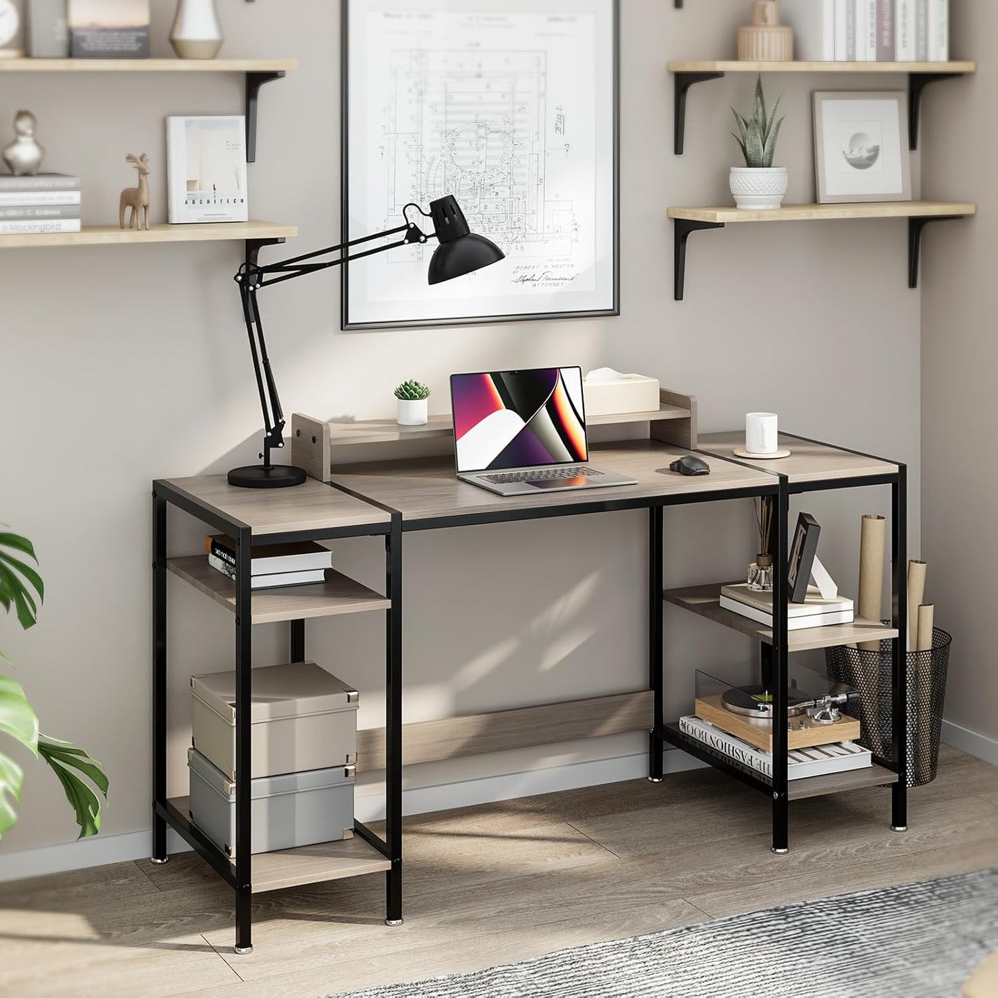 55 inch Grey Computer Desk Gaming Desk with Monitor Stand, Home Office Desk for 2 Monitors, Writing Desk with Adjustable Storage Space,Sturdy and Durable Modern Small Desk