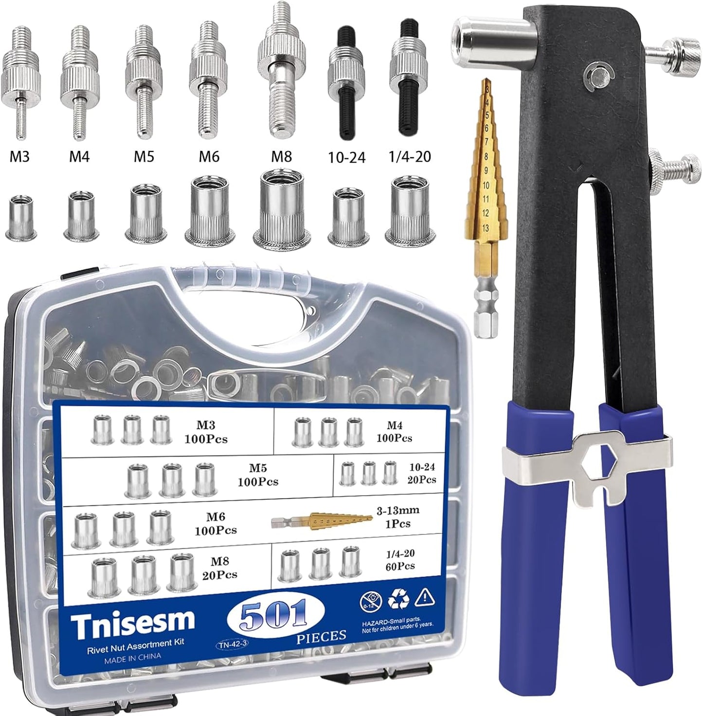 Tnisesm Rivet Nut Tool Kit with 501Pcs Rivet Nuts(10-24,1/4-20, 5/16-18, 3/8-16, M5, M6, M8, M10) 8Pcs Metric & SAE Mandrels, Step Drill Bit and Rugged Carrying Case Nutsert Tool Kit
