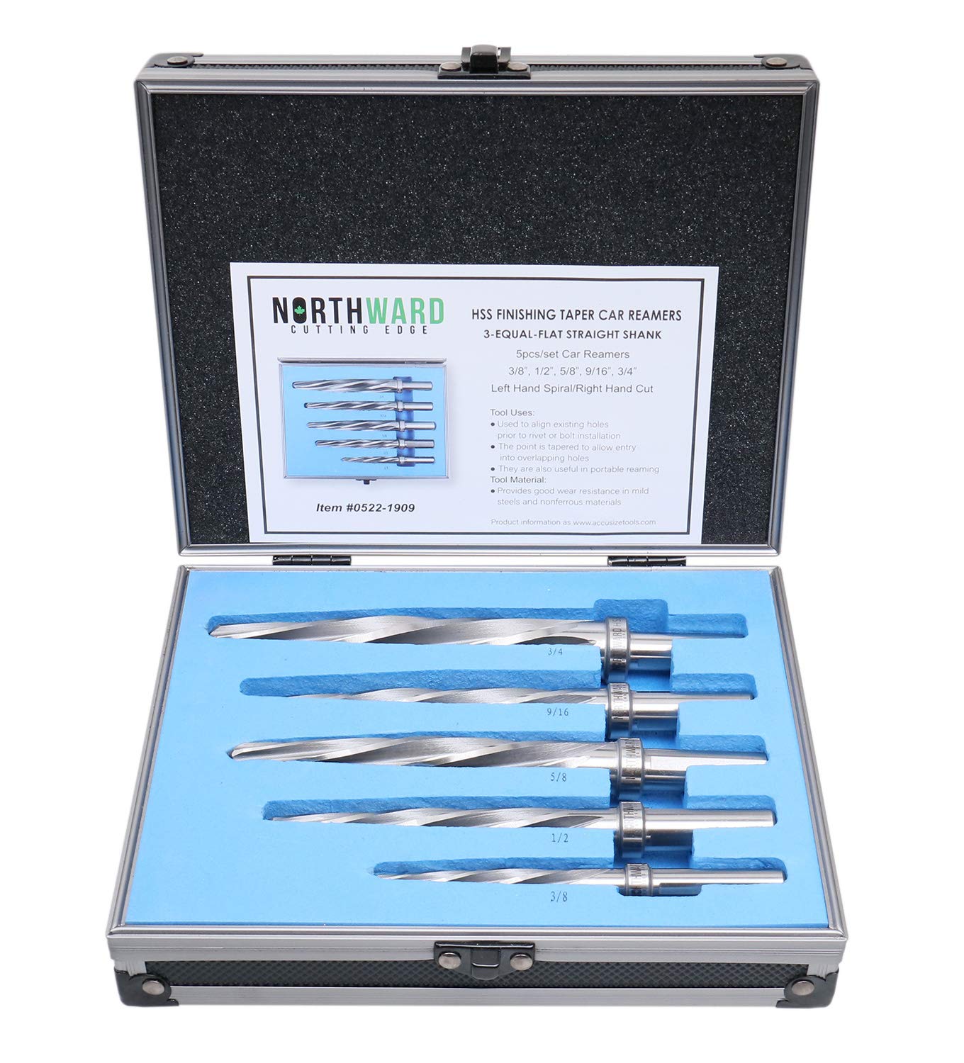 Accusize Industrial Tools 5 Pc H.S.S. Standard Spiral Flute Super Premium Car Reamer Set, 3/8", 1/2", 9/16'', 5/8", 3/4", to Fit 3/8'' or 1/2'' Shank Chuck