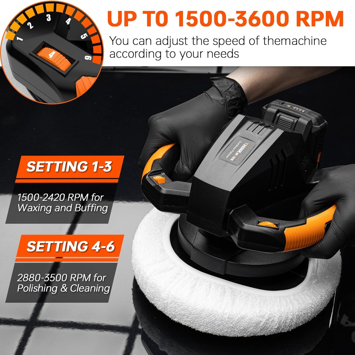 THINKWORK Buffer Polisher, 20V Cordless Buffer Polisher, 10 Inch Portable Polishing Machine Kit for Car, 2Pcs 2Ah Rechargeable Battery, 6 Variable Speed 1500-3600RPM,Double handle,Ideal for Car Waxing