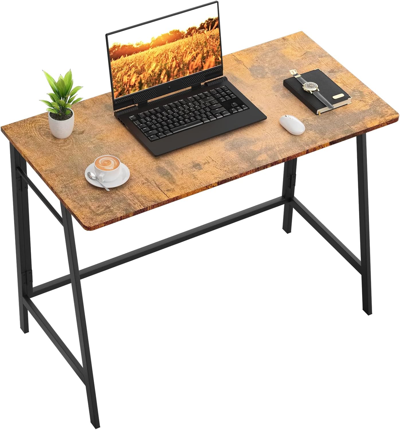 ASTARTH Study Computer Desk-47 Inch Home Office Desk, Wood Storage Table, Modern Writing Style Laptop Table, Black Metal Frame, PC Table with Storage Basket and Headphone Hooks, Rustic Brown, Vintage