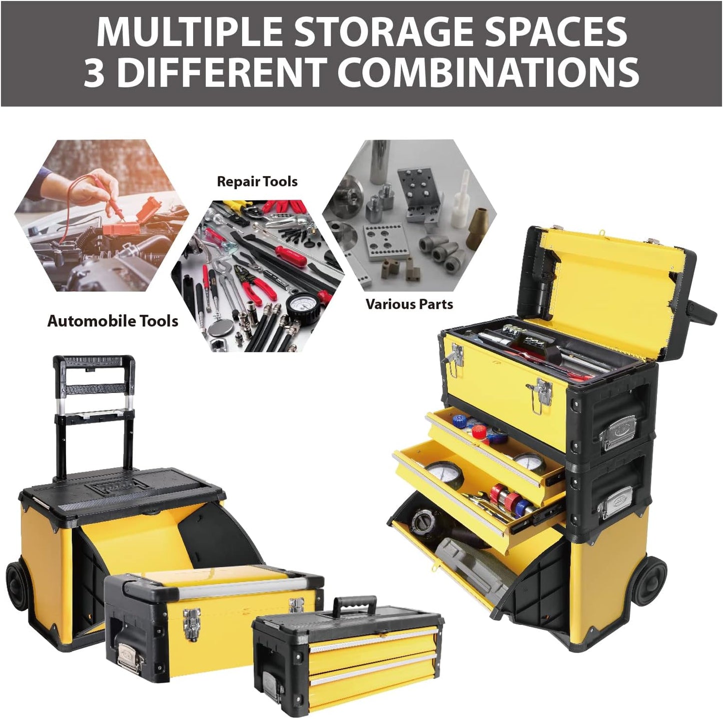 BIG RED Stackable Portable Metal Tool box Organizer with Wheels and 2 Drawers, Rolling Upright Trolley Tool Chest for Garage or Workshop,Yellow,ATRJF-C305ABDYR