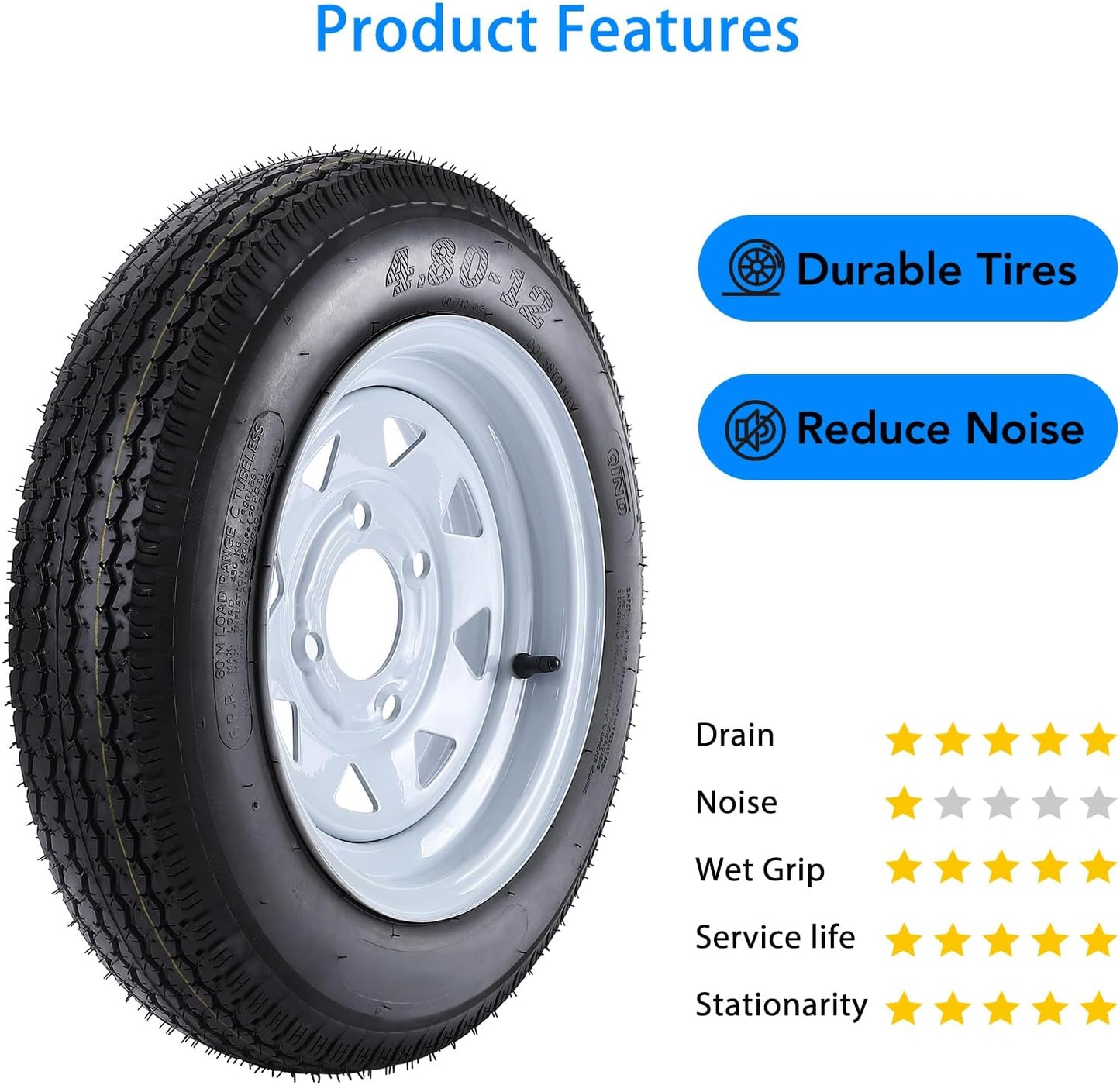 4.80-12 4.80x12 480-12 4.80-12 Trailer Tires with 12" Rims, 4 Lug on 4", Load Range C 6PR