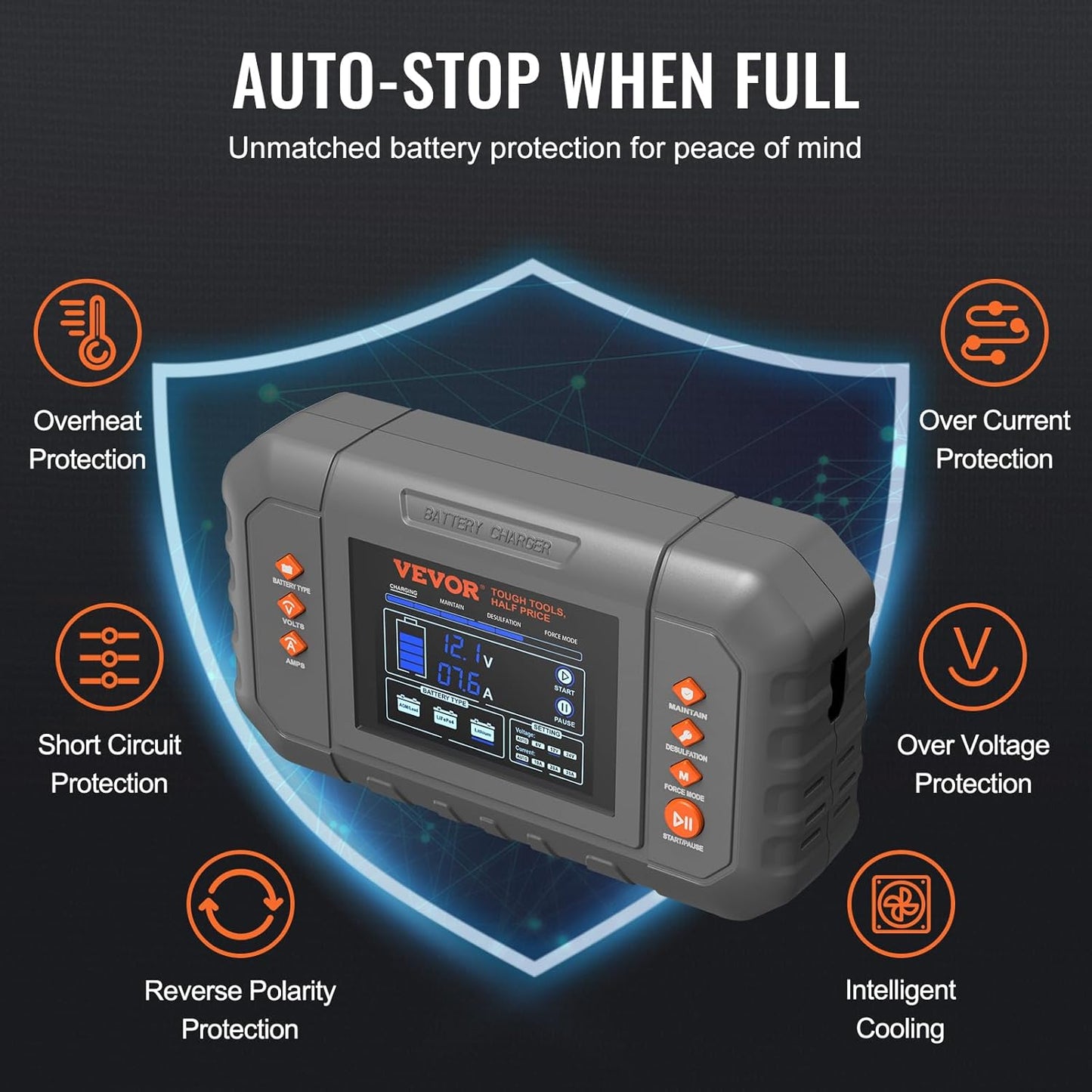 VEVOR Smart Battery Charger, 35-Amp, Lithium LiFePO4 Lead-Acid (AGM/Gel/SLA) Car Battery Charger with LCD Display, Trickle Charger Maintainer Desulfator for Boat Motorcycle Lawn Mower Deep Cycle