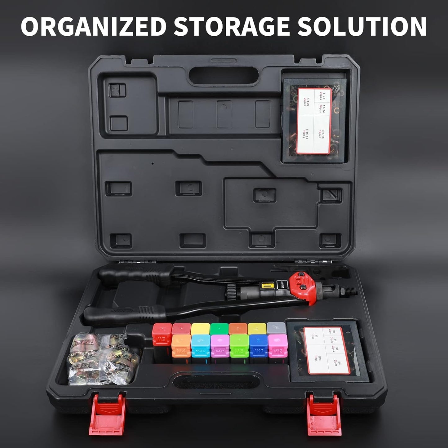 16" Rivet Nut Tool, Rivnut Tool Kit with 13 Metric and SAE Mandrels, Nutsert Rivet Tool Set with 200Pcs Rivnuts, Threaded Insert Hand Riveter with Rugged Carrying Case
