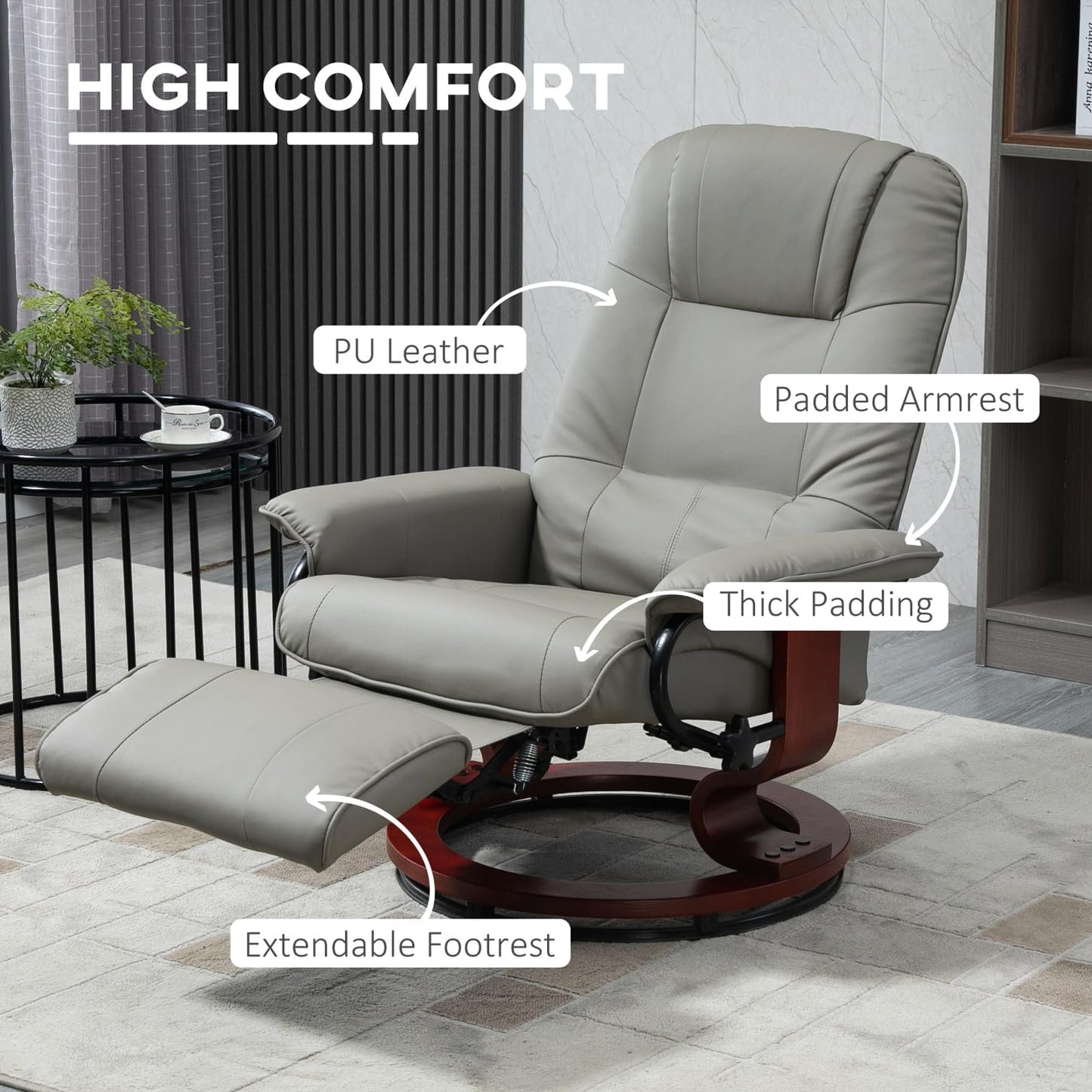 Stylish Gray PU Leather Manual Recliner Chair for Living Room with Swivel Wood Base - Ideal TV Chair
