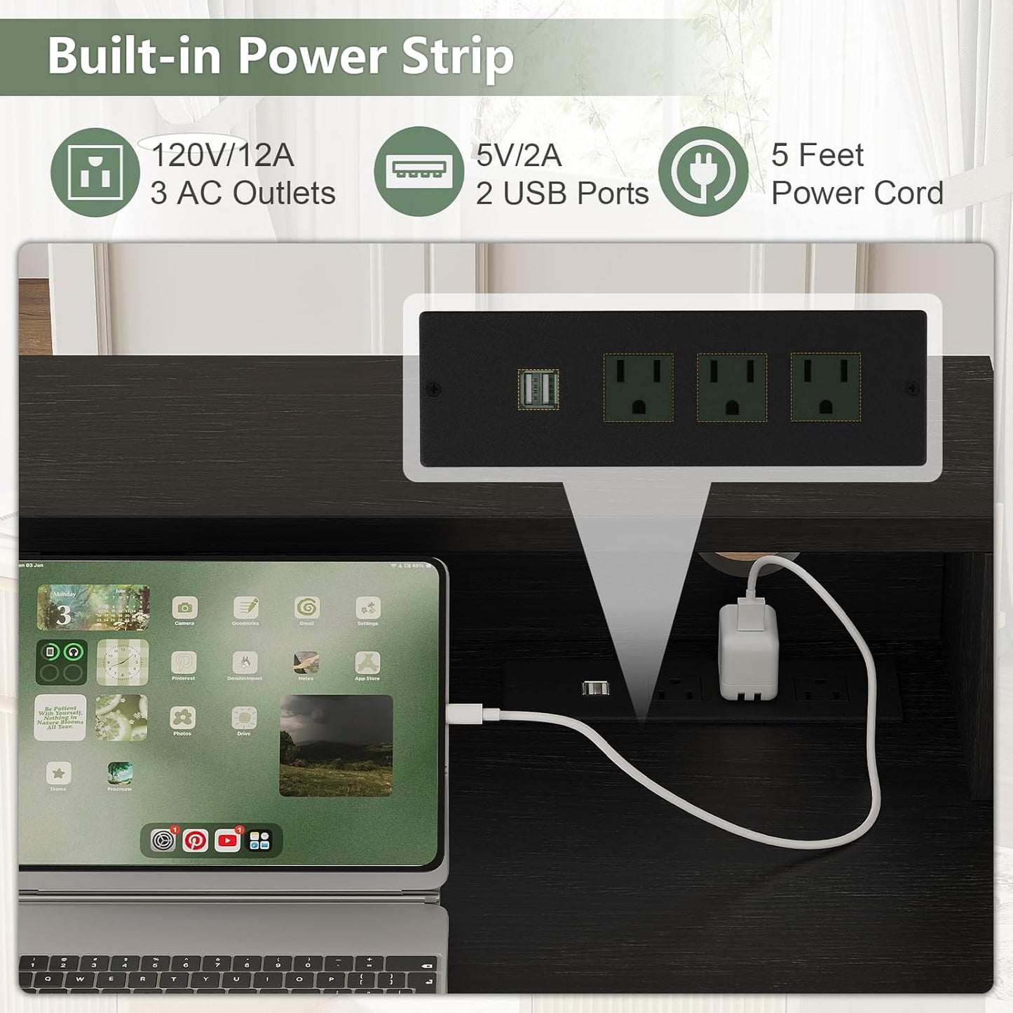 59" Executive Desk, Fluted Office Desk with Power Outlets Long Monitor Stand, Large Home Office Desks with 3 Drawers & 2 Storage Cabinet, Computer Writing Desk for Study Bedroom, White