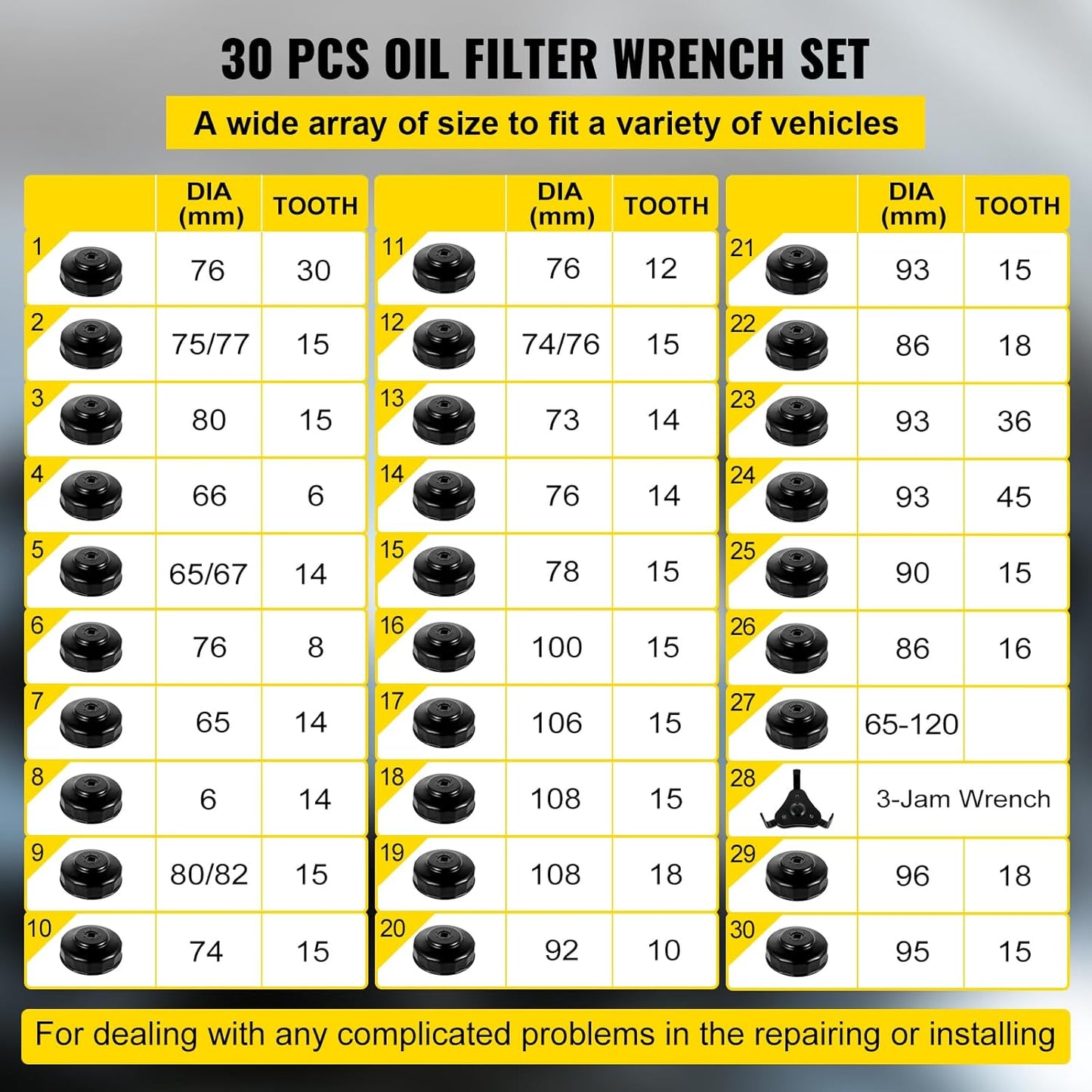 VEVOR Oil Filter Socket Set, 30 Pcs, Steel, Black, 3-Jam Wrench