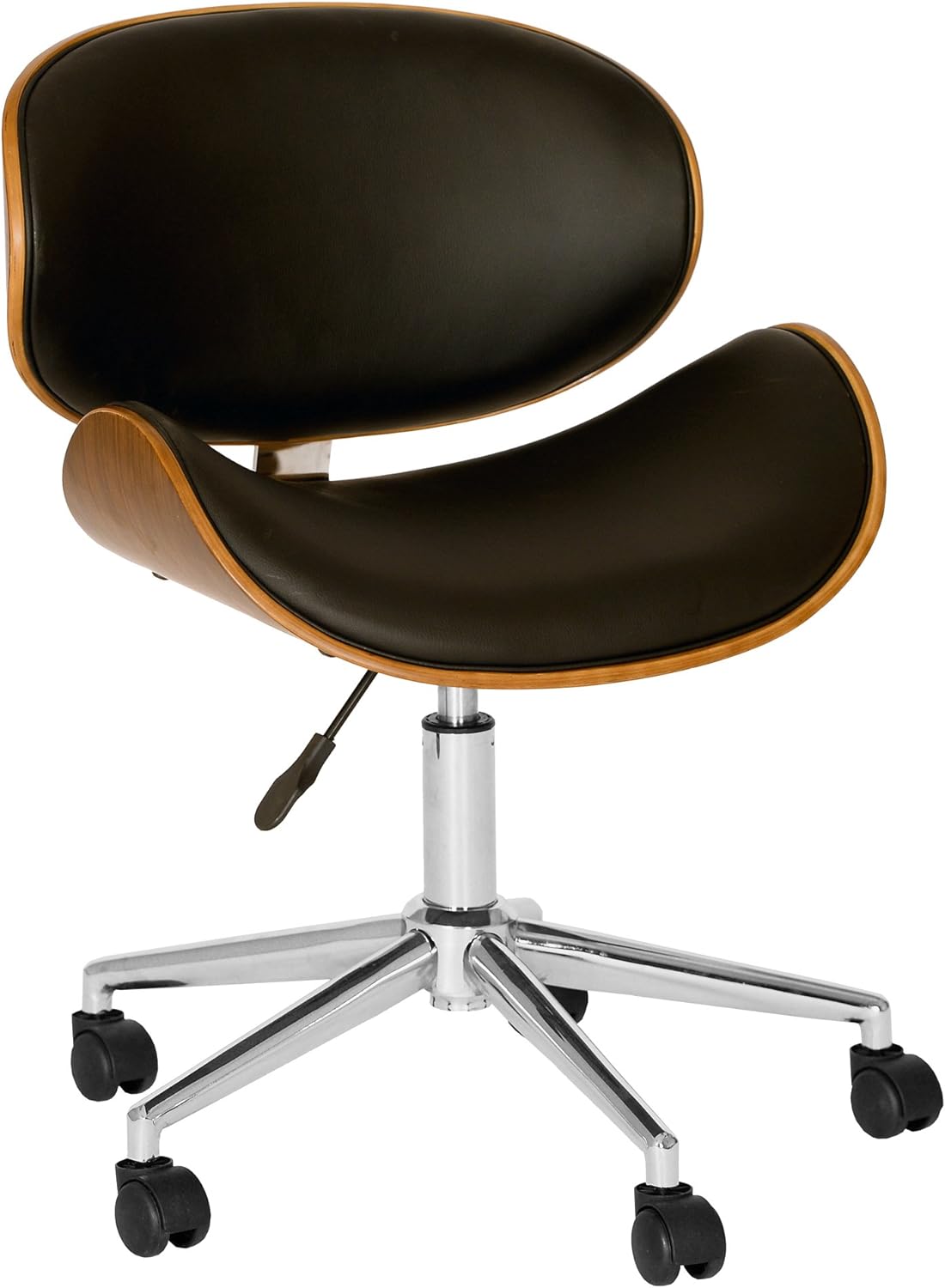 Armen Living Century Office Chair in Black Faux Leather and Walnut Wood, Chrome Finish