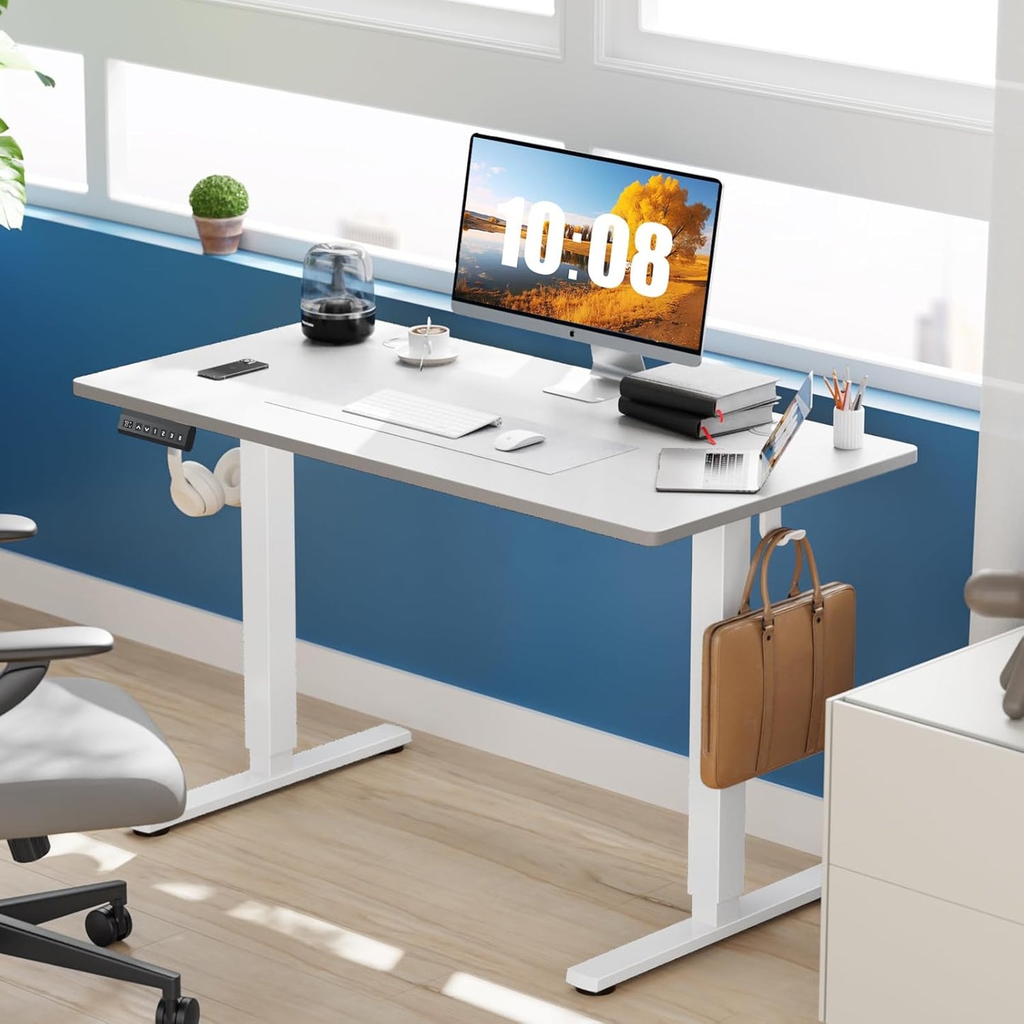 Sweetcrispy Electric Standing Desk Adjustable Height, 48x24 Inch Sit Stand Up Home Office Desks Computer Workstation PC Work Table with 3 Memory Preset Splice Wood Board Metal Frame, White