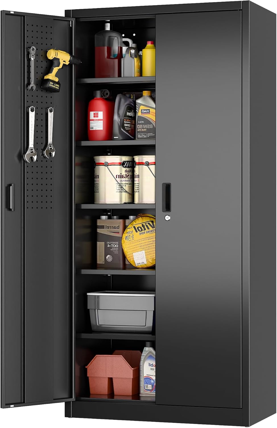 Aobabo Black Metal Cleaning Tool Storage Cabinet with Lockable Door with Keys, 71.41" H×31.53" W×15.74" D, Adjustable Shelves, Pegboard, 13 Hooks, Broom Closet Storage Cabinet for Janitorial Supplies