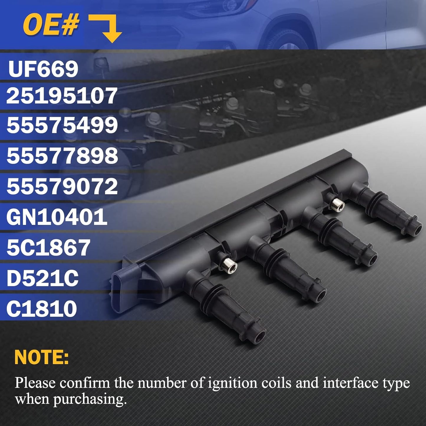 UF669 Ignition Coil Pack Fit For 2011-2020 Chevy Cruze Sonic Trax Volt Buick Encore Cadillac ELR L4 1.4L Only 55577898 55579072 D521C