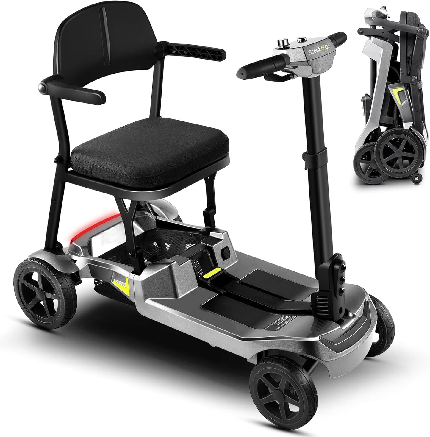 4 Wheel Mobility Scooter for Adults & Seniors Electric Powered Lightweight Foldable 5 MPH Speed 15 Miles Range Two Removable Batteries Airline Approved (Black Yellow, Standard)