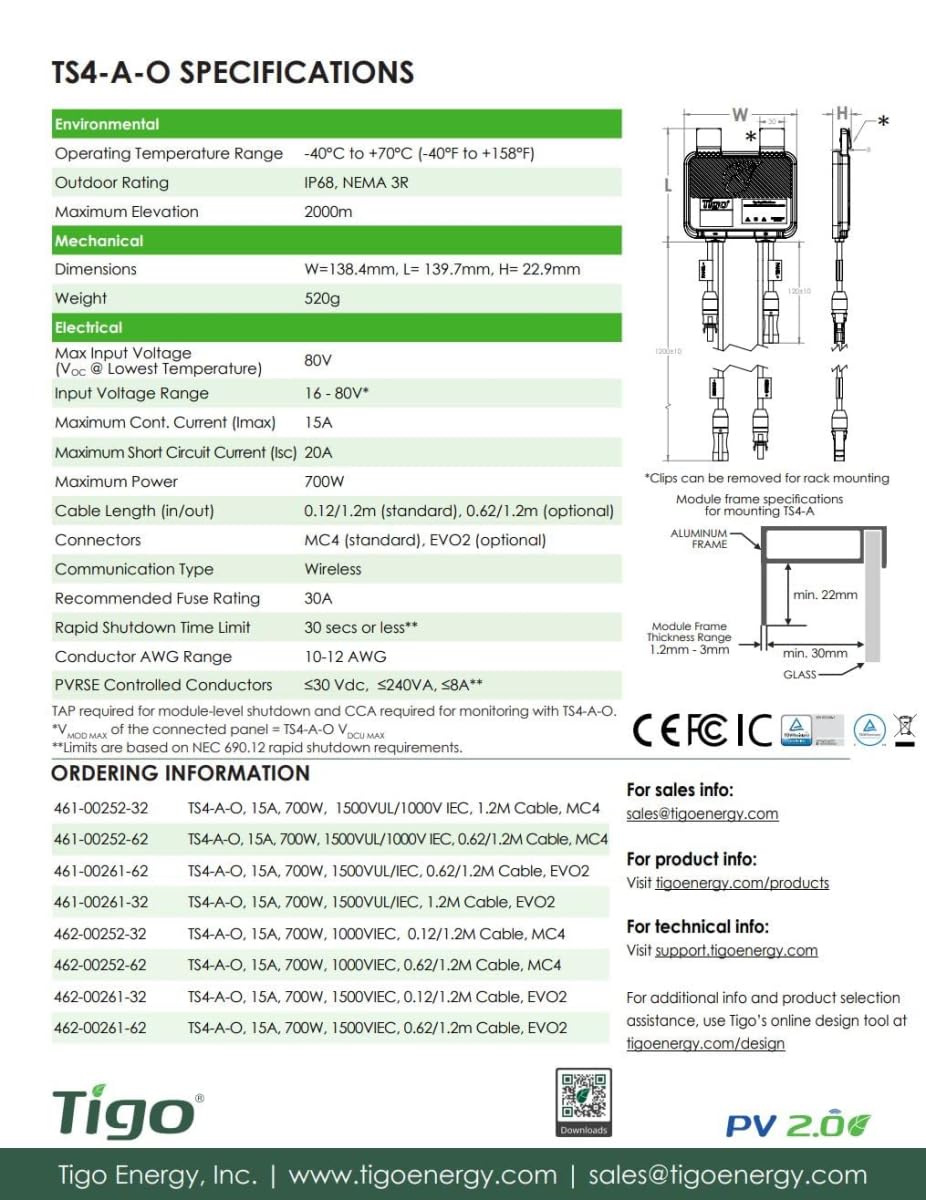 Tigo TS4-A-O Module Add-On Rapid Shutdown, Optimization, 1500V UL/1000TUV, 1.2M Cable, MC4 Genuine Connectors, Part No. 461-00252-32