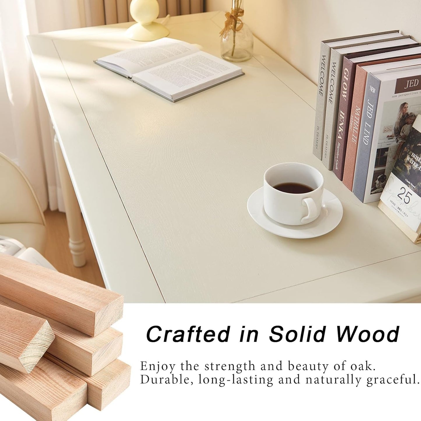 ADORZ White Desk with Drawers, 47 Inch Home Office Desks Solid Wood Writing Desk for Home Office, Study Workspace or Bedroom