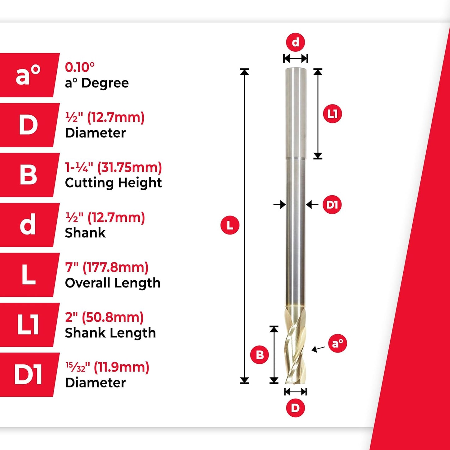 Amana Tool Extra Long CNC 2D and 3D Carving Flat Bottom 0.10 Deg Straight Router Bit, ZrN Coated, 46596, 1/2 Dia x 1-1/4 x 1/2 Shk x 7 Inch L x 3 Fl