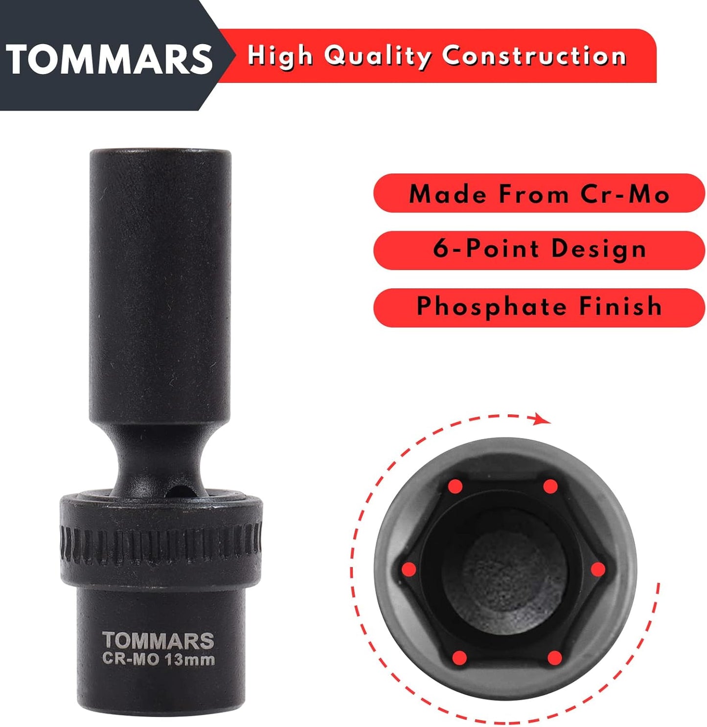 TOMMARS 3/8" Drive Universal Swivel Impact Socket Set Deep, 6 Point Wobble Flexible Socket Set Metric 10-19 mm CR-MO Steel