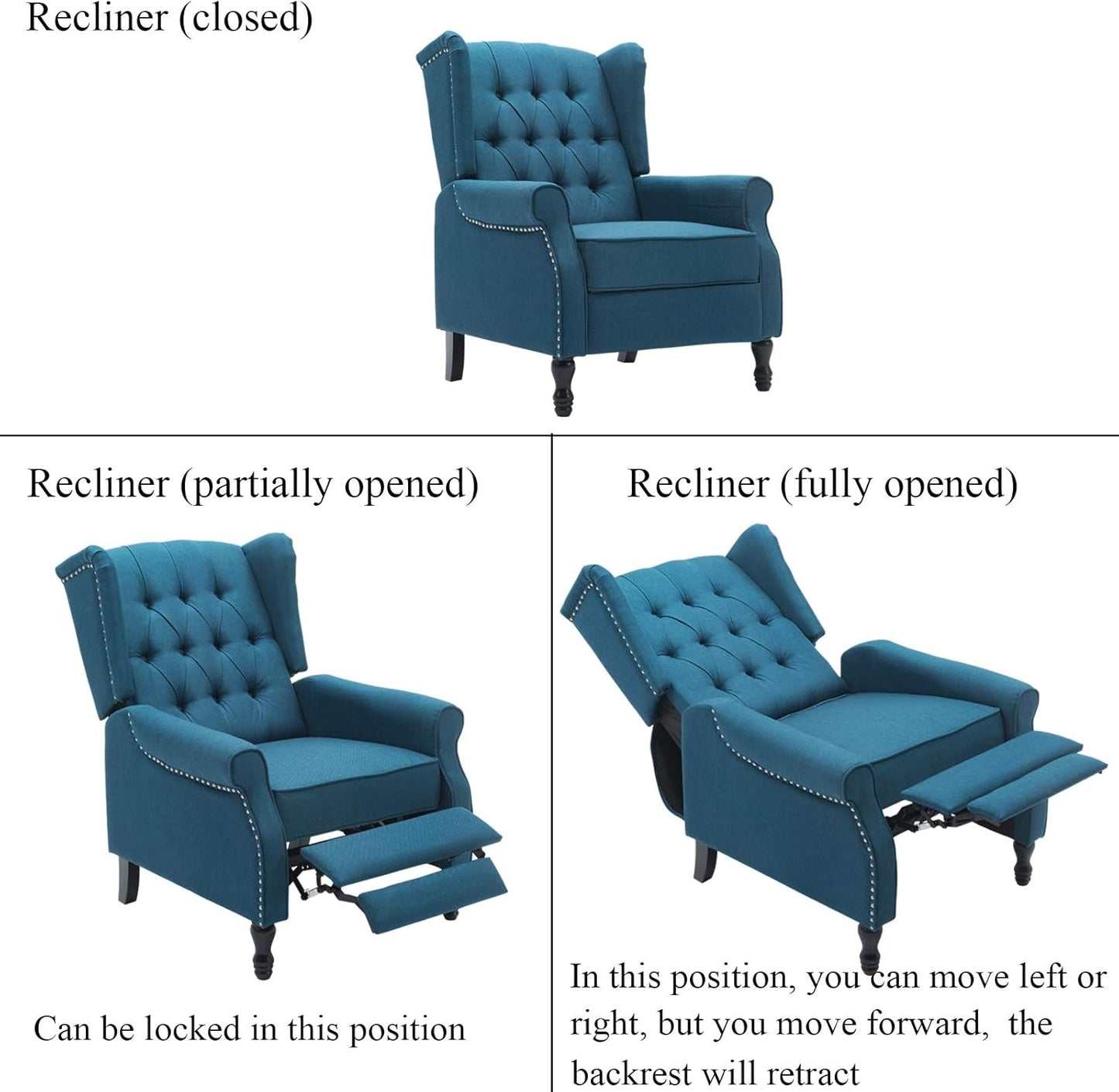 Artechworks Tufted Fabric Push Back Arm Chair Recliner Modern Single Reclining for Adjustable Club Chair Home Theater Padded Seat Living Room Lounge Sofa Blue