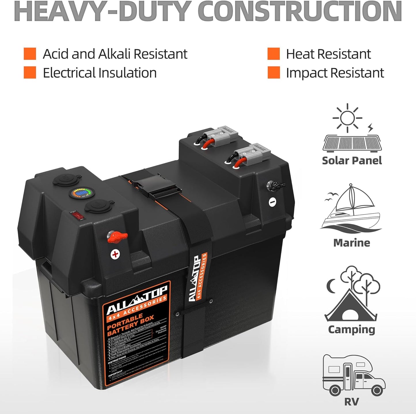 ALL-TOP Smart Battery Box, 12V Marine Case w/ 50AMP Connectors, Multi Ports & Circuit Breaker for Trolling Motor, RV & Solar Panel, Battery Not Included