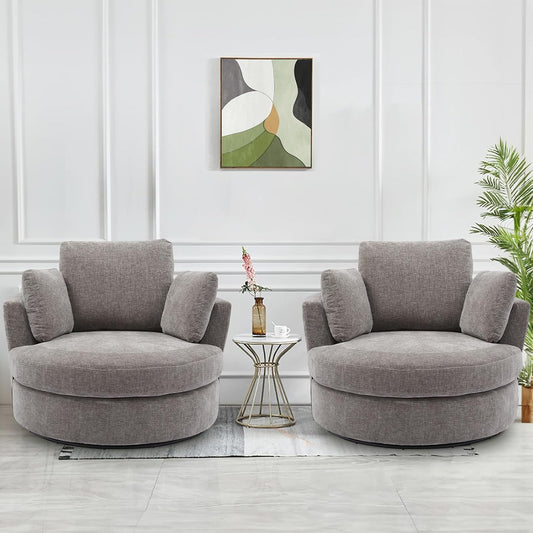 SLEERWAY Oversized Swivel Chairs Set of 2, Big Comfy Round Accent Barrel Chair and A Half Bucket Loveseat Bedroom Club Reading Lounge Living Room Furniture Set (Grey)