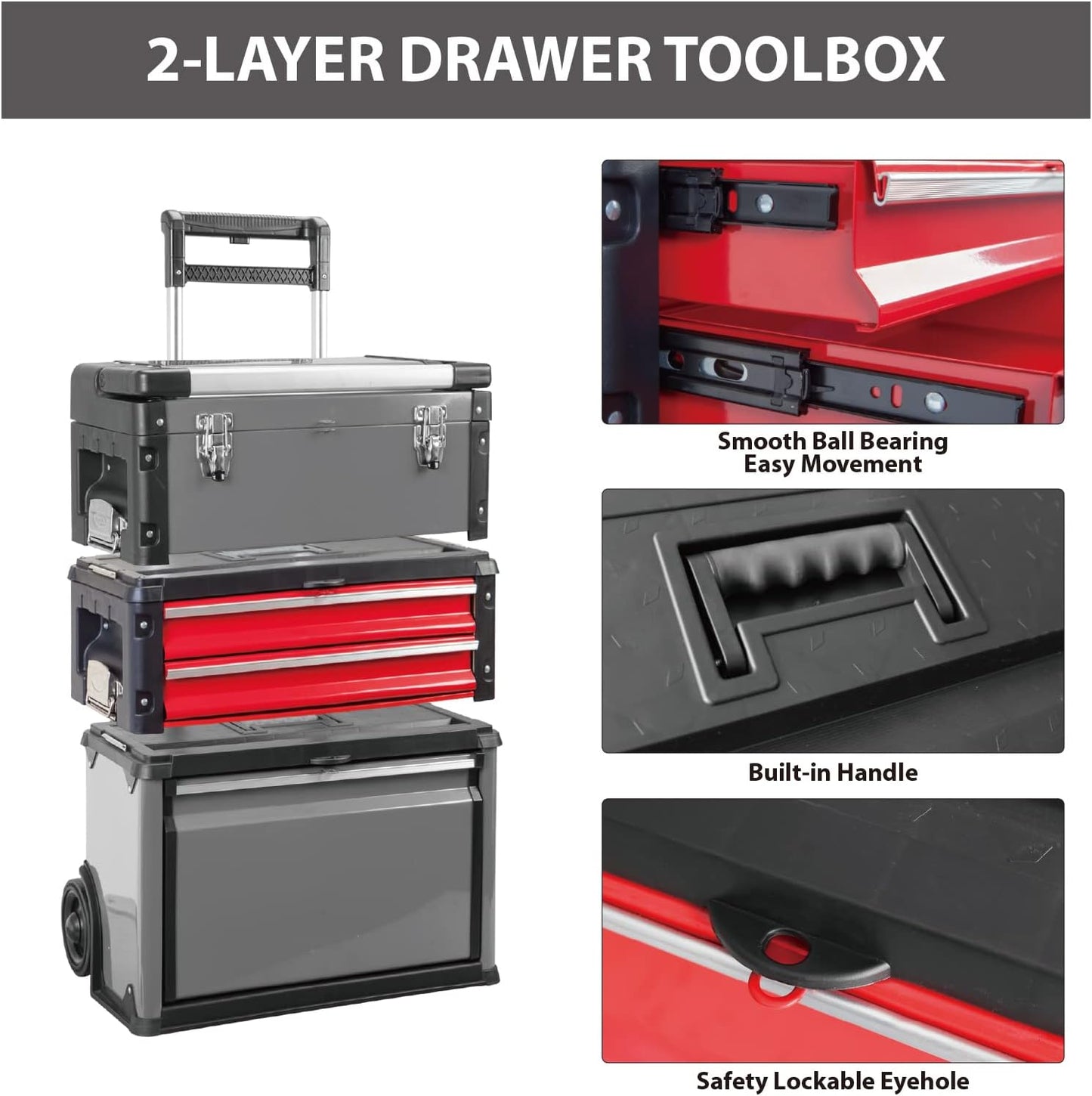 BIG RED Stackable Portable Metal Tool Box Organizer with Wheels and 2 Drawers, Rolling Upright Trolley Tool Chest for Garage or Workshop,Red,ATRJF-C305ABDR