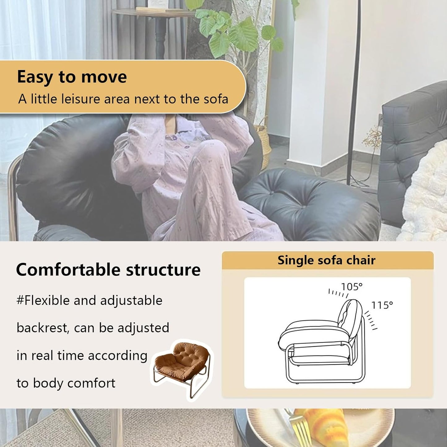 Thick Cushioned Recliner Sofa, Lazy Chair with Upholstery and Footrest, for Living Room, Bedroom, Dorm Black B
