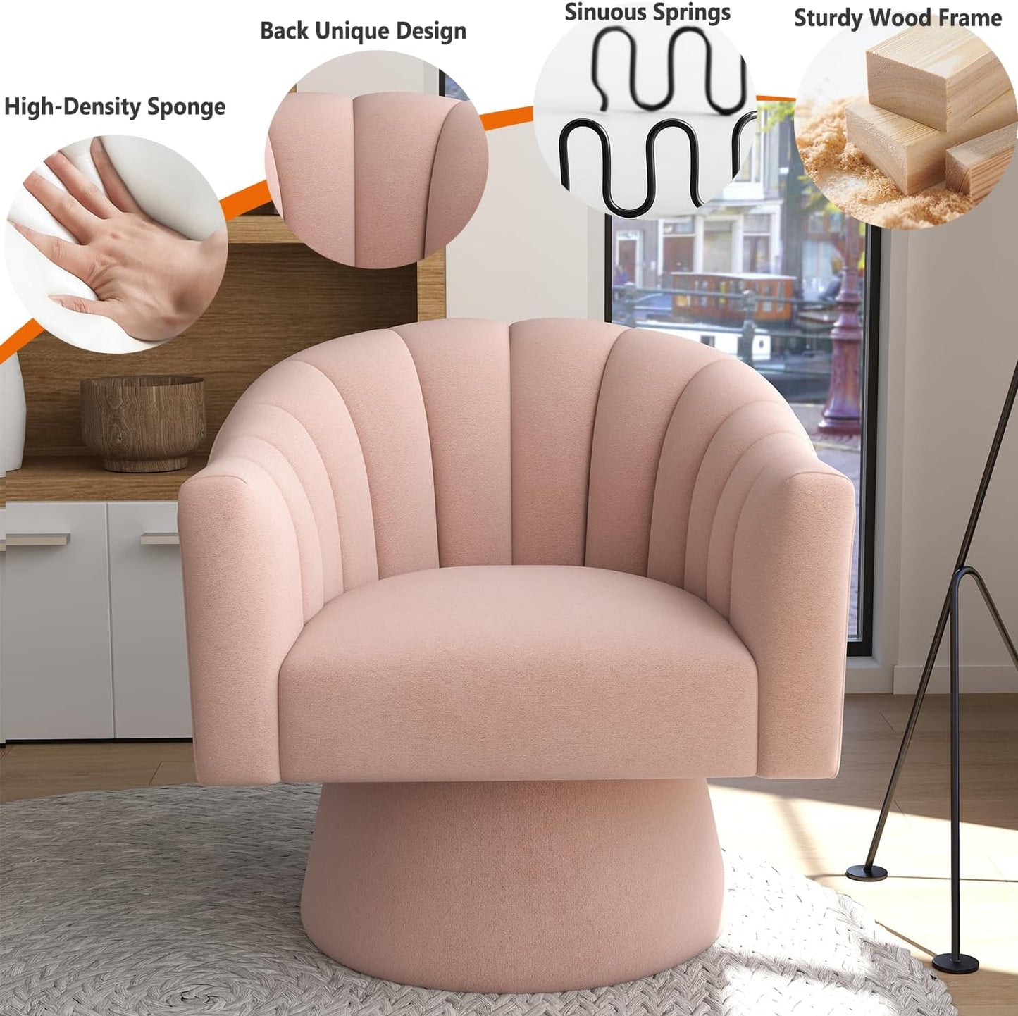Swivel Accent Chair,Upholstered Velvet 360° Swivel Barrel Chair for Living Room Overstuffed Bouncle Reading Chair Round Armchair for Bedroom,Vanity,Office(Pink)
