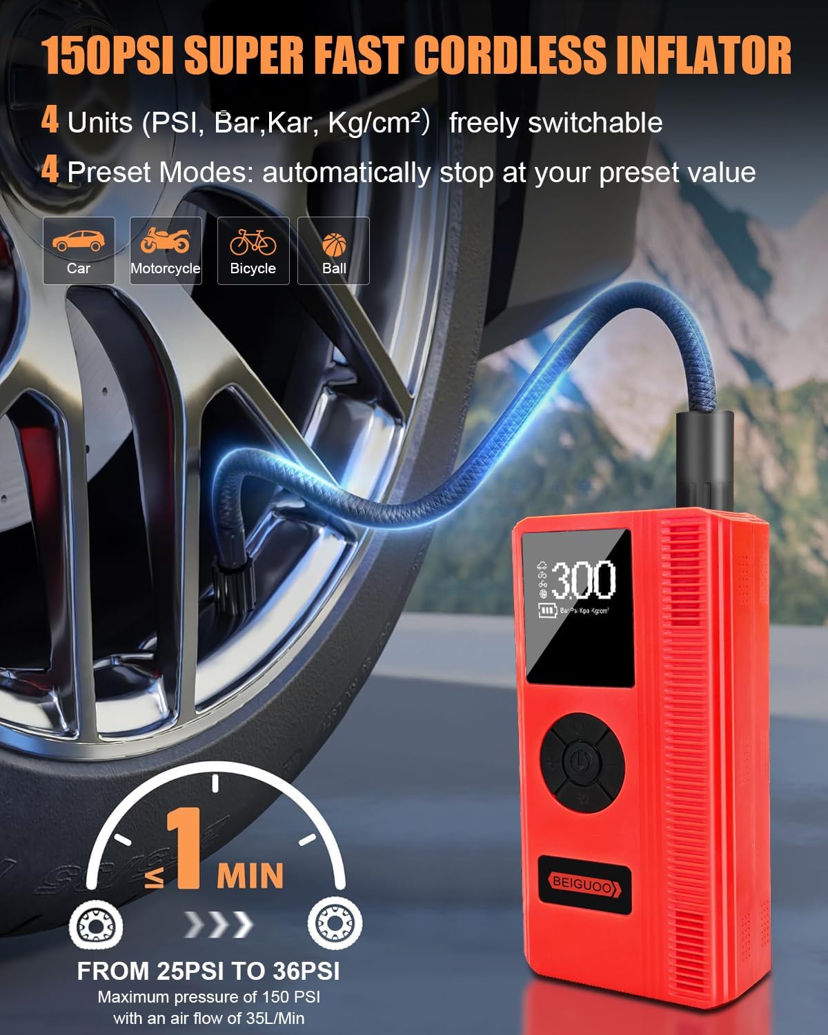 3000A Jump Starter with Air Compressor, Portable Car Battery Booster (8L Gas/6L Diesel) with 150PSI Auto-Shutoff Tire Inflator, 12V Jump Box Car Battery Jump Starter with LED Light