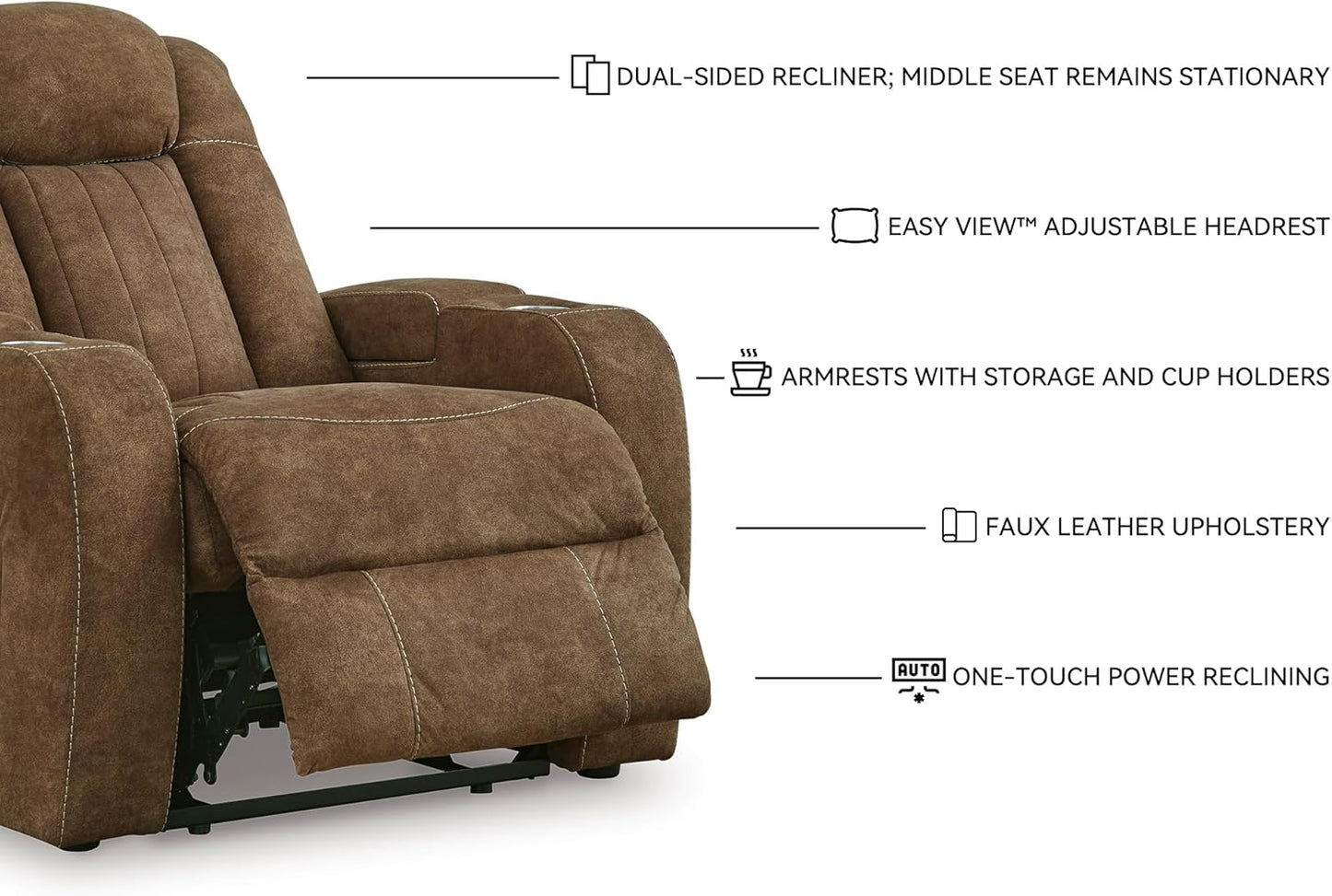 Signature Design by Ashley Wolfridge Contemporary Faux Leather Upholstered Power Recliner with Adjustable Headrest, USB Ports and 2 Cup Holders, Dark Brown