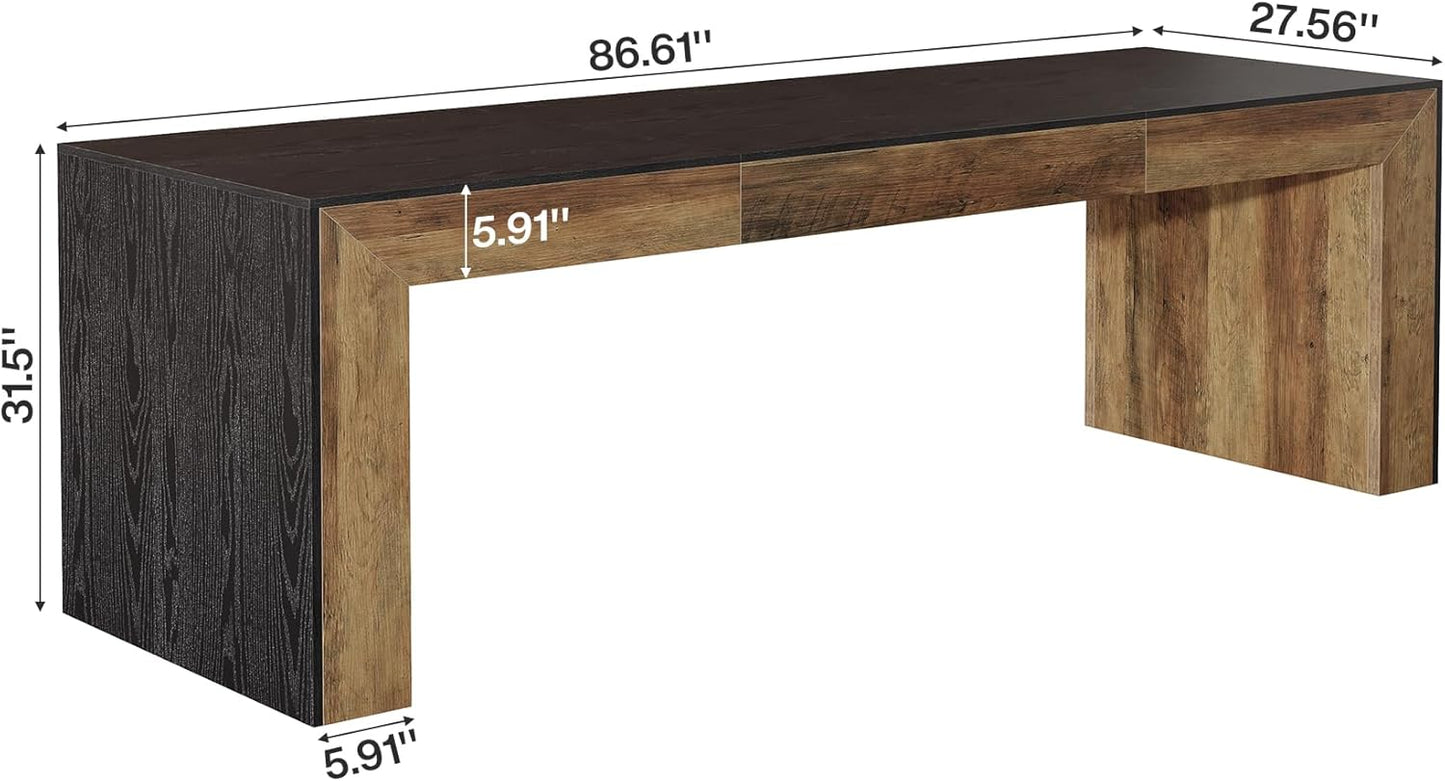 Tribesigns 86.6-Inch Long Computer Desk for 2 People, Farmhouse Executive Desk with Wooden Desktop and Legs, Large Workstations Writing Table Gaming Table for Home Office, Heavy Duty, Black + Brown