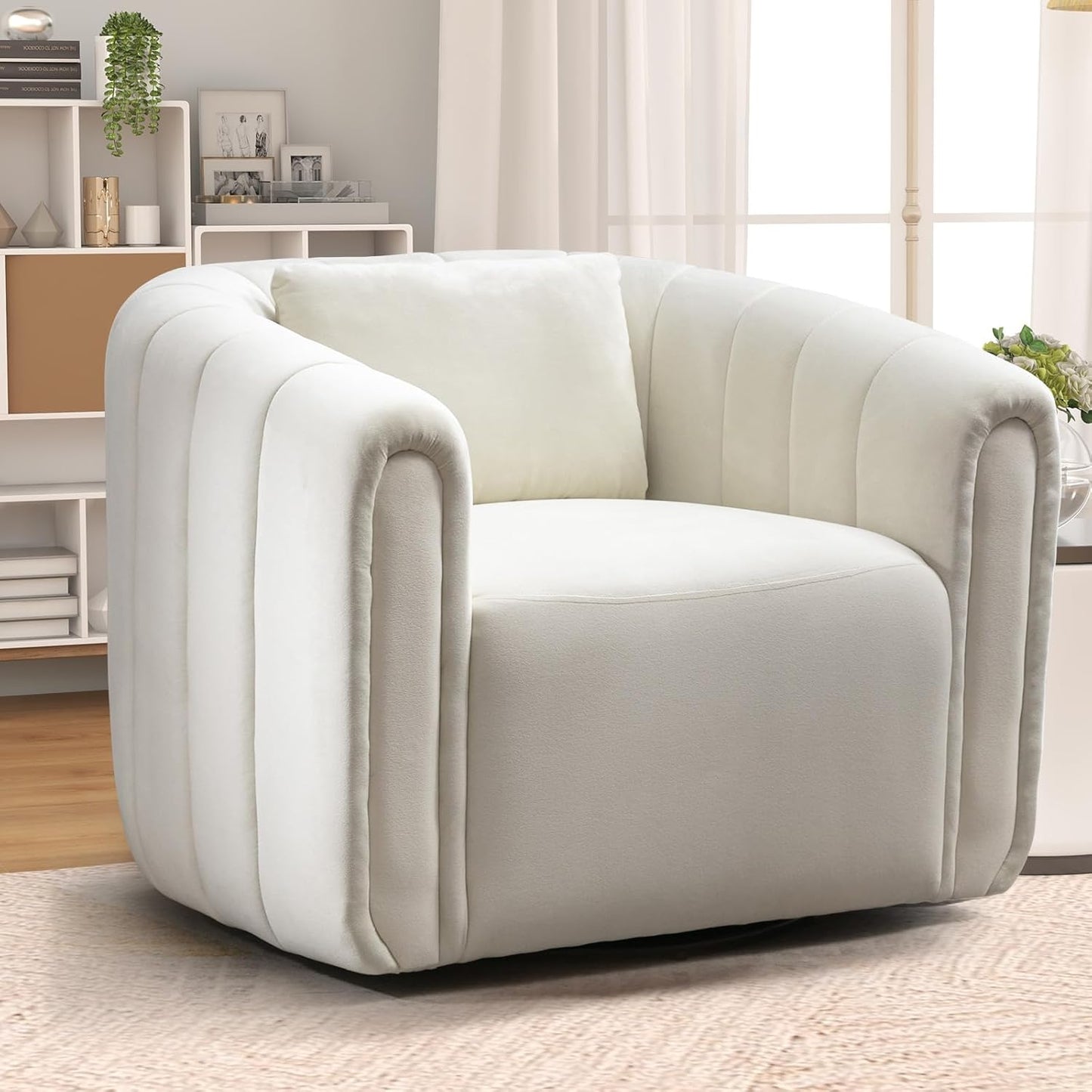 Bonzy Home Swivel Barrel Chair, Modern Velvet Swivel Accent Chair with Channel Tufting, Soft Upholstered Armchair for Living Room Bedroom Office (White, 2 Pack)