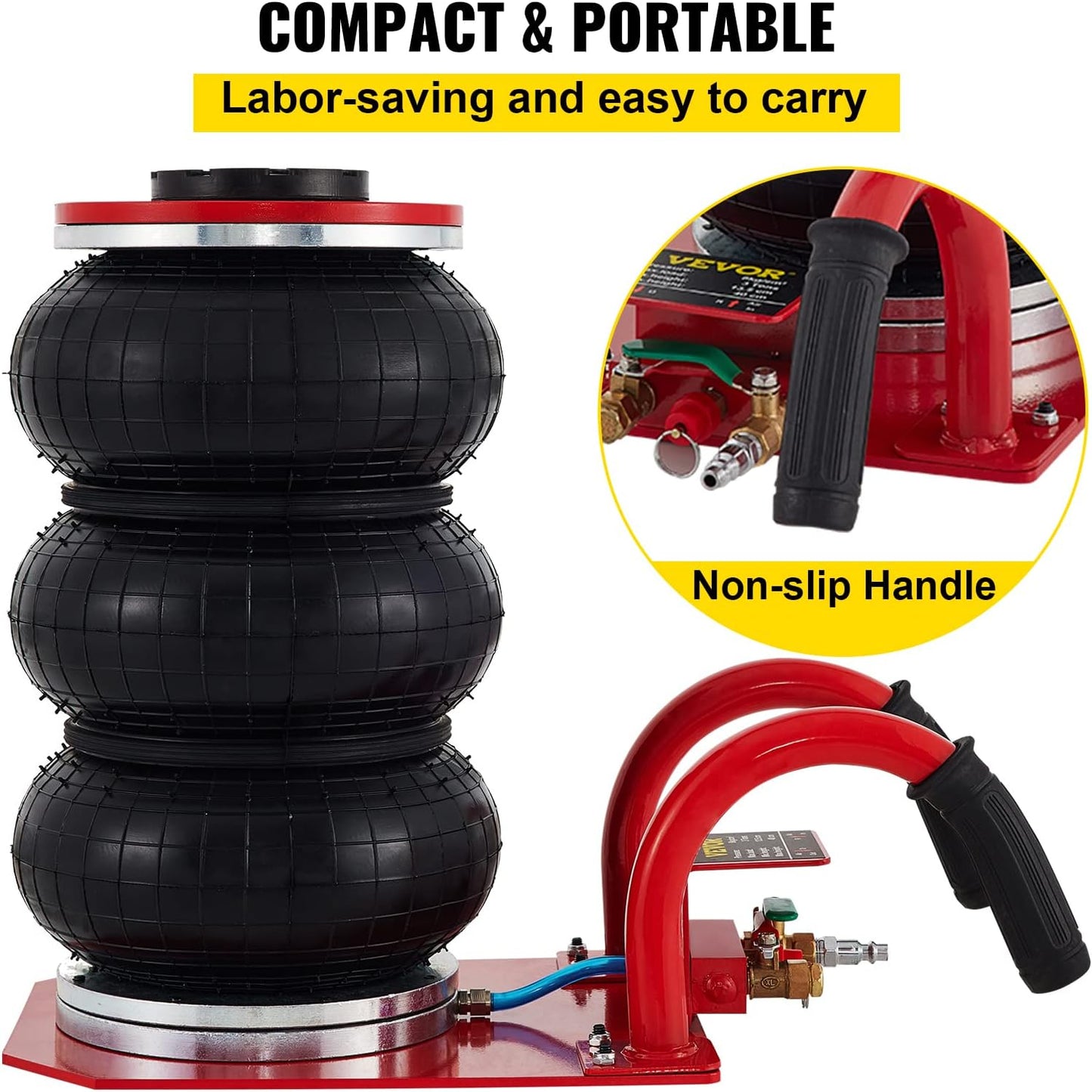 VEVOR Air Jack, 3 Ton/6600 lbs Triple Bag Air Jack, Air Bag Jack Lift Up to 15.75 Inch, 3-5S Fast Lifting Air Bag Jack for Cars with Short Handle (Red)