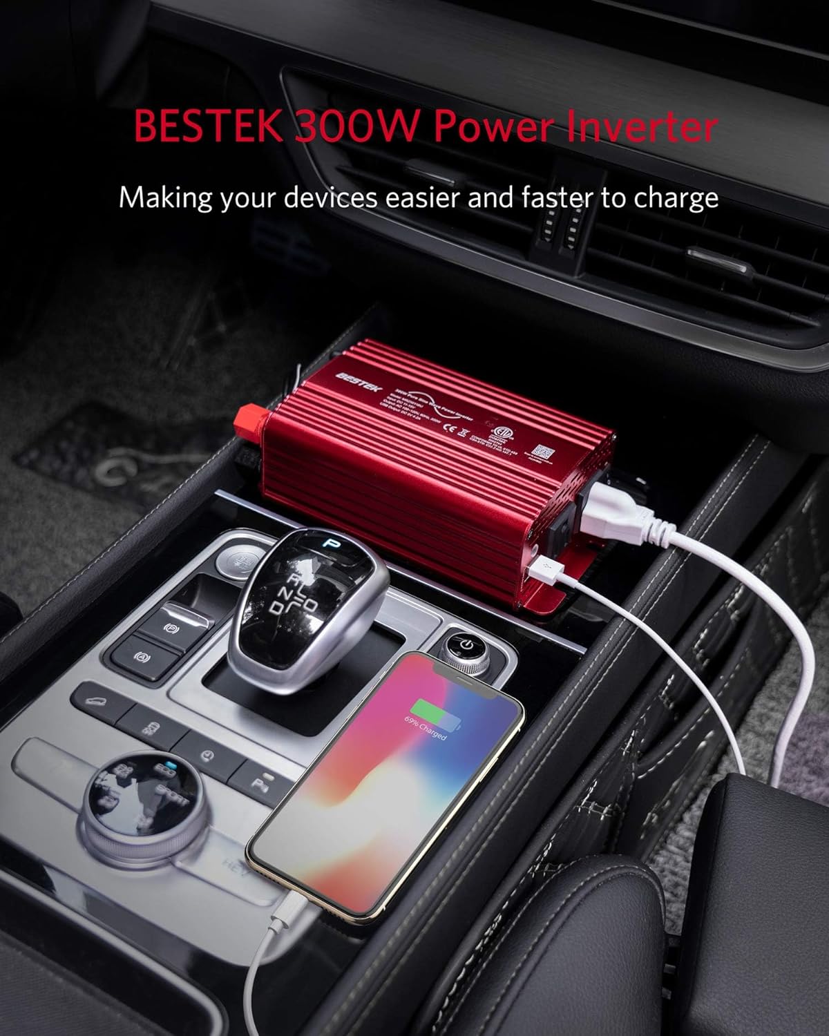 BESTEK 300Watt Pure Sine Wave Power Inverter - DC 12V to AC 110V Car Plug Inverter Adapter, Power Converter with 4.8A Dual USB Charging Ports and 2 AC Outlets Car Charger