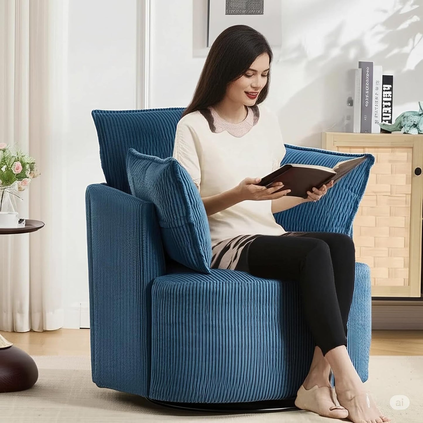Swivel Accent Chair – Round Swivel Chair for Living Room, Corduroy Barrel Sofa Chair, 360° Rotating Lounge Chair, Easy Assembly(Blue)
