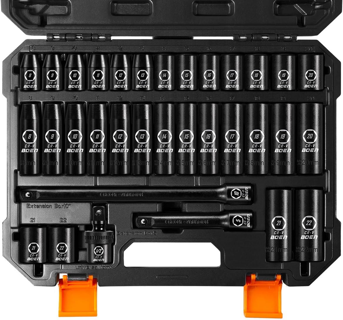 BOEN 1/2" Drive Impact Socket Set, 33 Piece Deep & Shallow Metric Socket Set 8mm to 22mm, Includes 5", 10" Extension Bars, Universal Joint, 6 Point Design, Cr-V Steel, Meets ANSI Standards