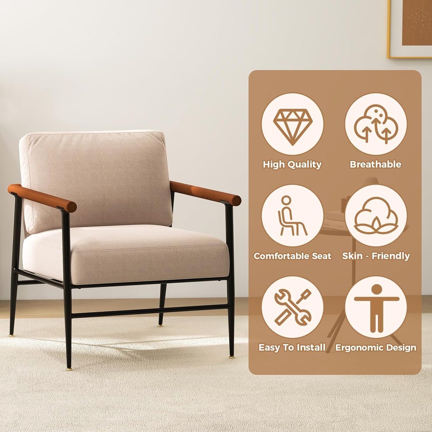 Accent Chairs Set of 2 Mid Century Modern Chair Linen Fabric Living Room Lounge Chair with with Overstuffed Back Pillow and Cushion Reading Side Chair Easy Assembly for Living Room, Bedroom, Belcony