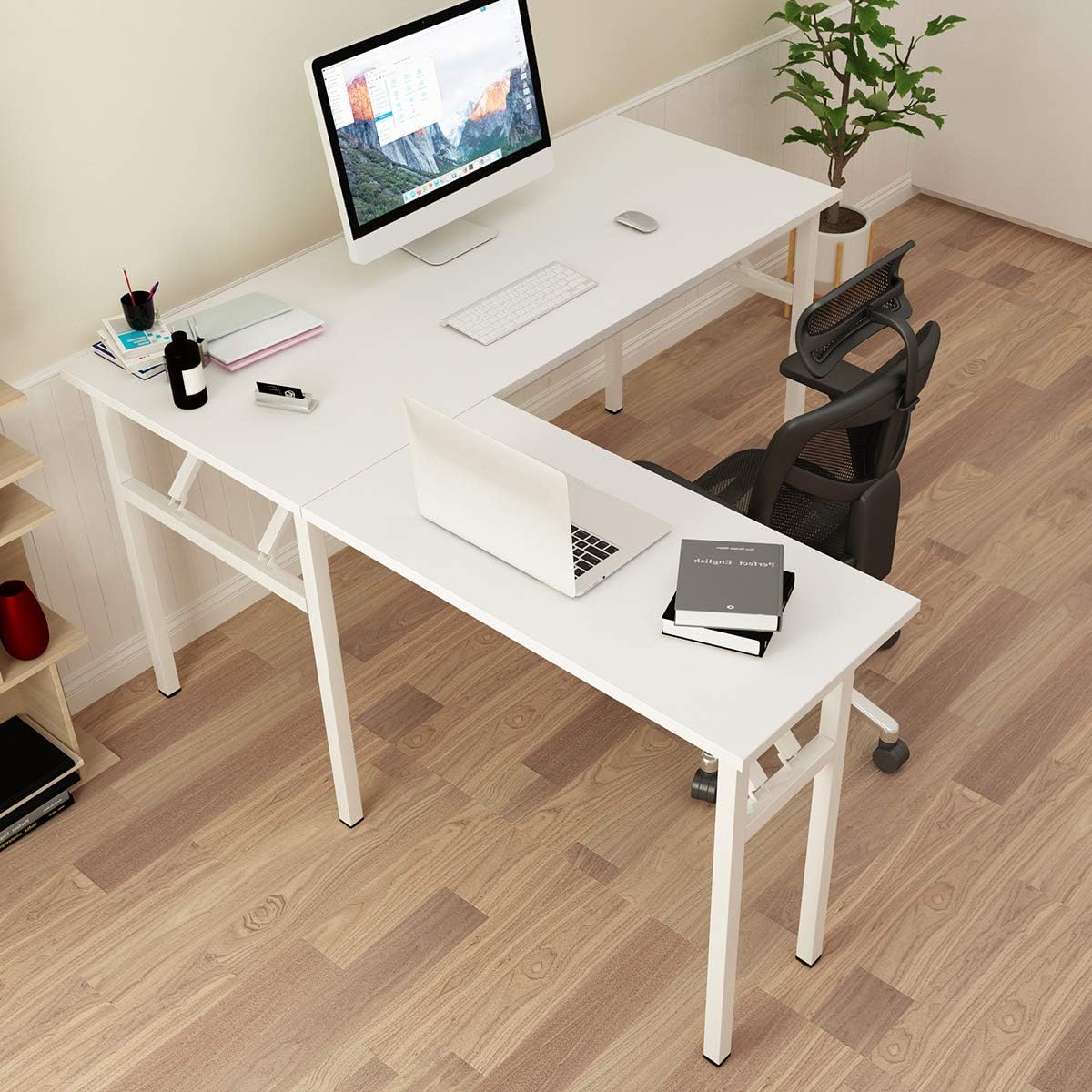 SogesGame 55 × 55 Inches Large L-Shaped Folding Desk,One-Step Assembly,Home Office Desk,Workstation,White,AC11DW-S8-US