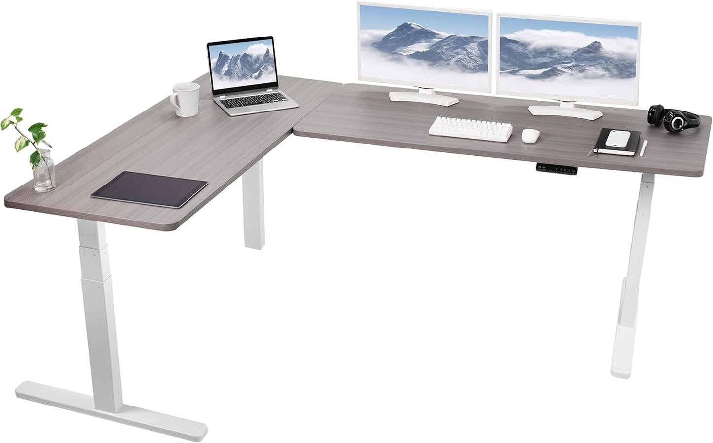 VIVO Electric Height Adjustable 83 x 60 inch Corner Stand Up Desk, 2 Light Wood Solid Table Tops, White Frame, Memory Controller, L-Shaped Workstation, 3E Series, DESK-KIT-3E8C